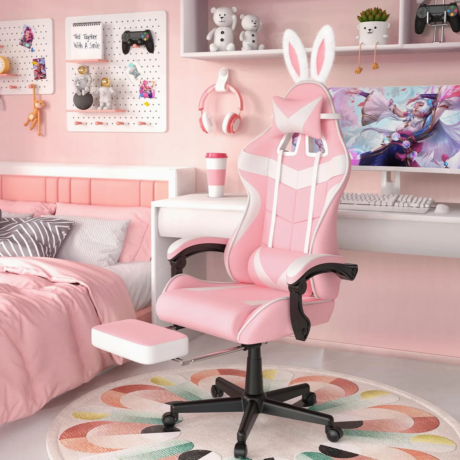 Soontrans Chaise Gaming Massante Ergonomique Fauteuil Gamer avec Serre-tête & Support Lombaire Massage & Appui-tête & Repose-Pied, Chaise Gamer pour Youtube Livestreaming PlayStation Xbox (Rose)
