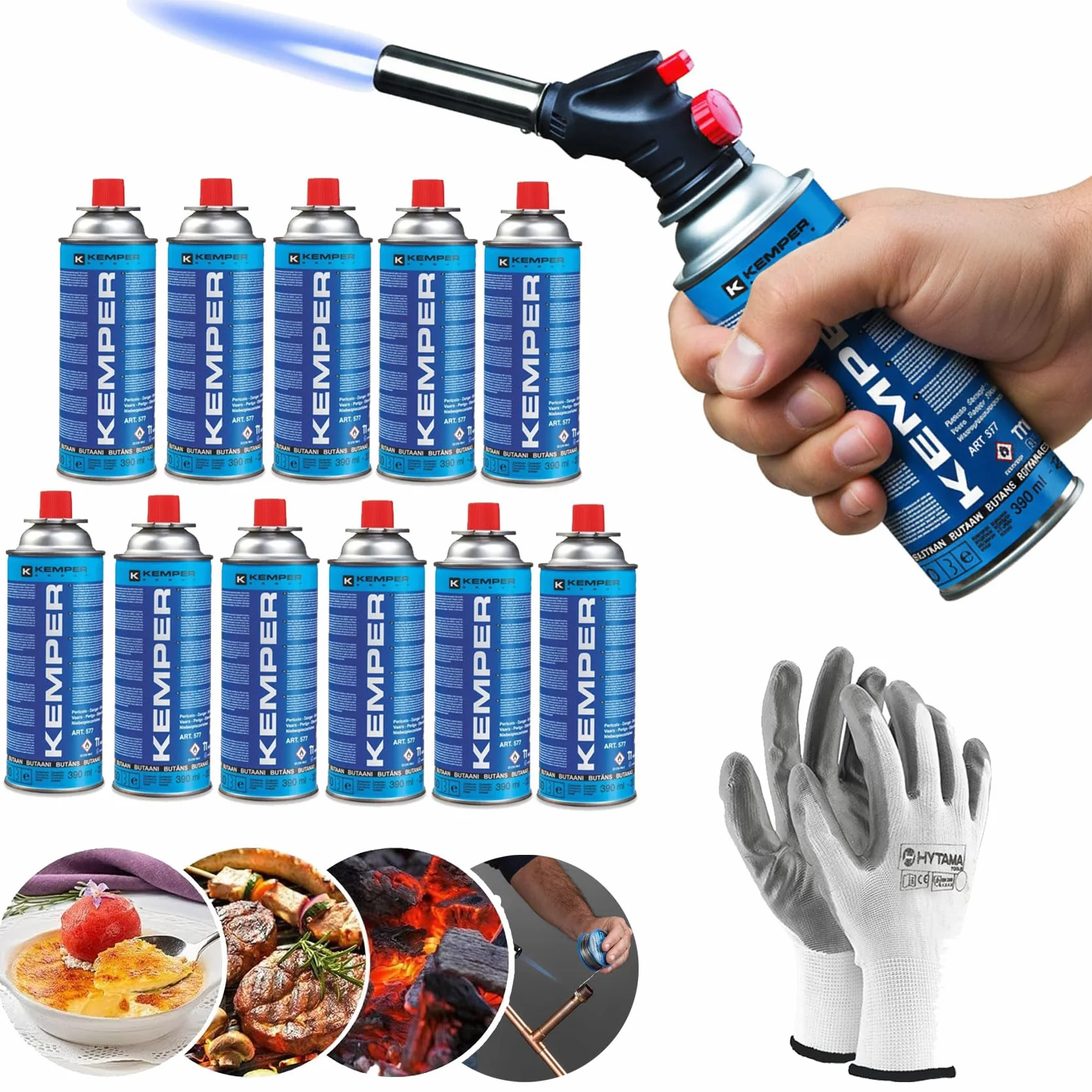 KEMPER - Chalumeau à gaz Multi-usages Soudure Brasage Cuisine + 12 Cartouche de gaz butane 227gr + gants gratuits