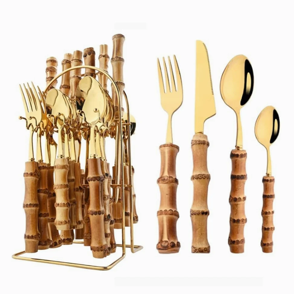 Véritable Manche en Bambou Cuisine en Acier Inoxydable Argenterie Vaisselle Couverts Couverts Couteaux Fourchettes Cuillères Ensemble Maison (Or,24 pièces/Range-Couverts)