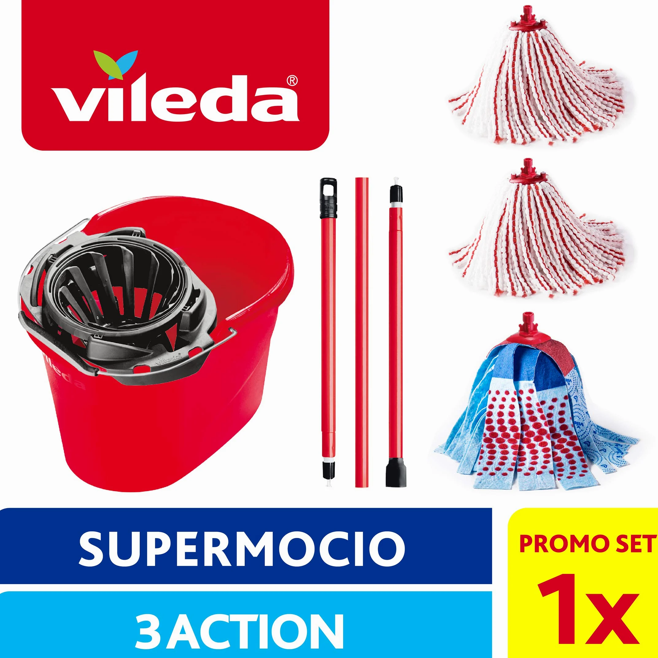 Vileda - Super Mocio 3Action - Balai Serpillière Complet avec Technologie Torsion Power pour Un Nettoyage Sol Efficace - Serpillière Microfibre et Manche Easy Click - 2 Têtes Ovales - Triple Action
