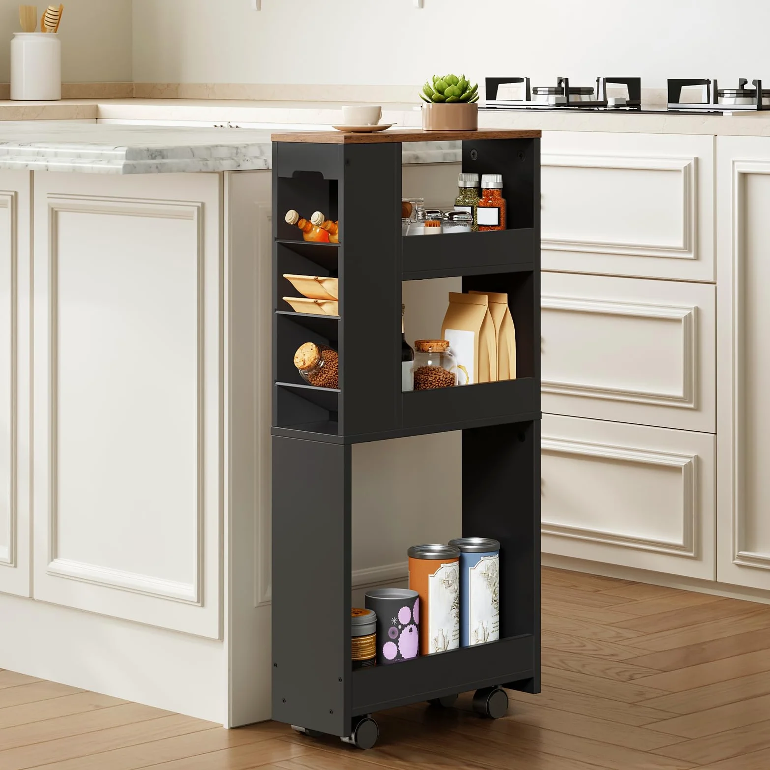 HOOBRO Chariot à 4 Niveaux, 40 x 15 x 85,5 cm, Chariot de Service Étroit avec 4 Roues Pivotantes Verrouillables, pour Petits Espaces, Cuisine, Salle de Bains, Salon, Noir et Marron Rustique EBF84TC01