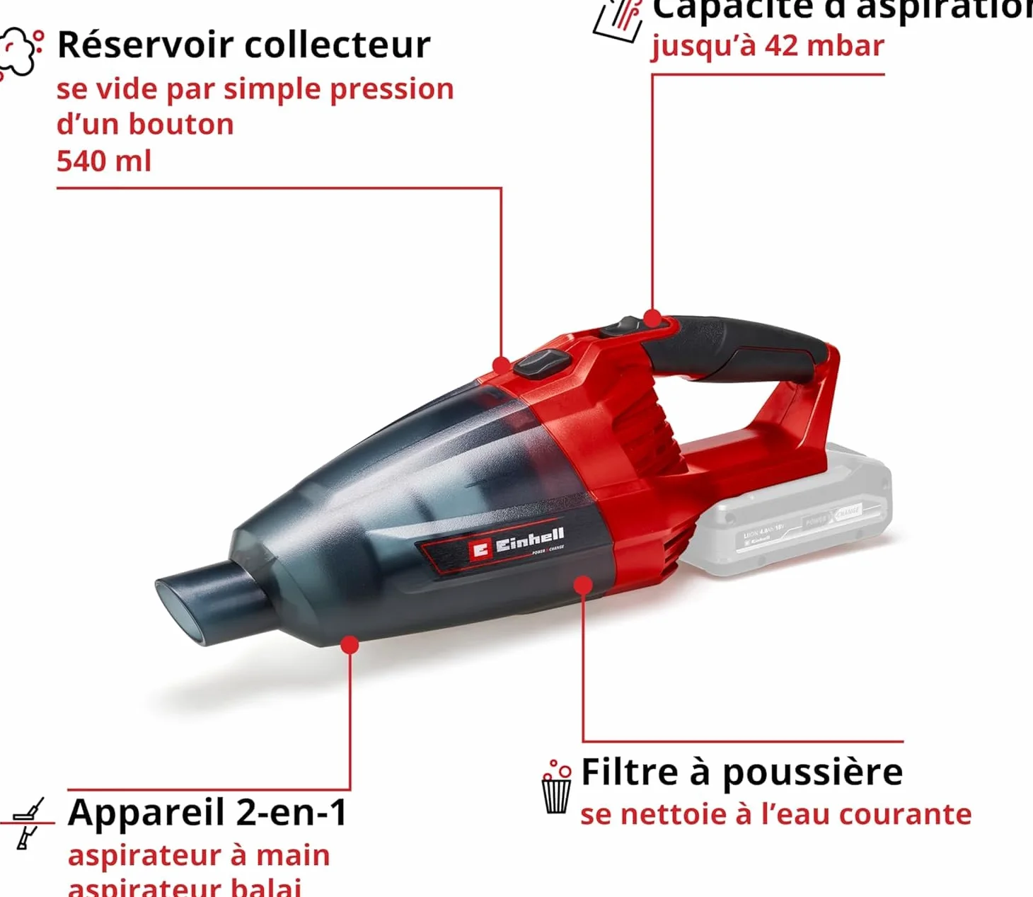 Einhell Aspirateur à Main sans Fil Te-VC 18 Li Solo -Power X-Change (18V, Livré avec Accessoires (Buse, buse à rainures...), Bac à poussiere 540ml) Livré sans Batterie ni Chargeur