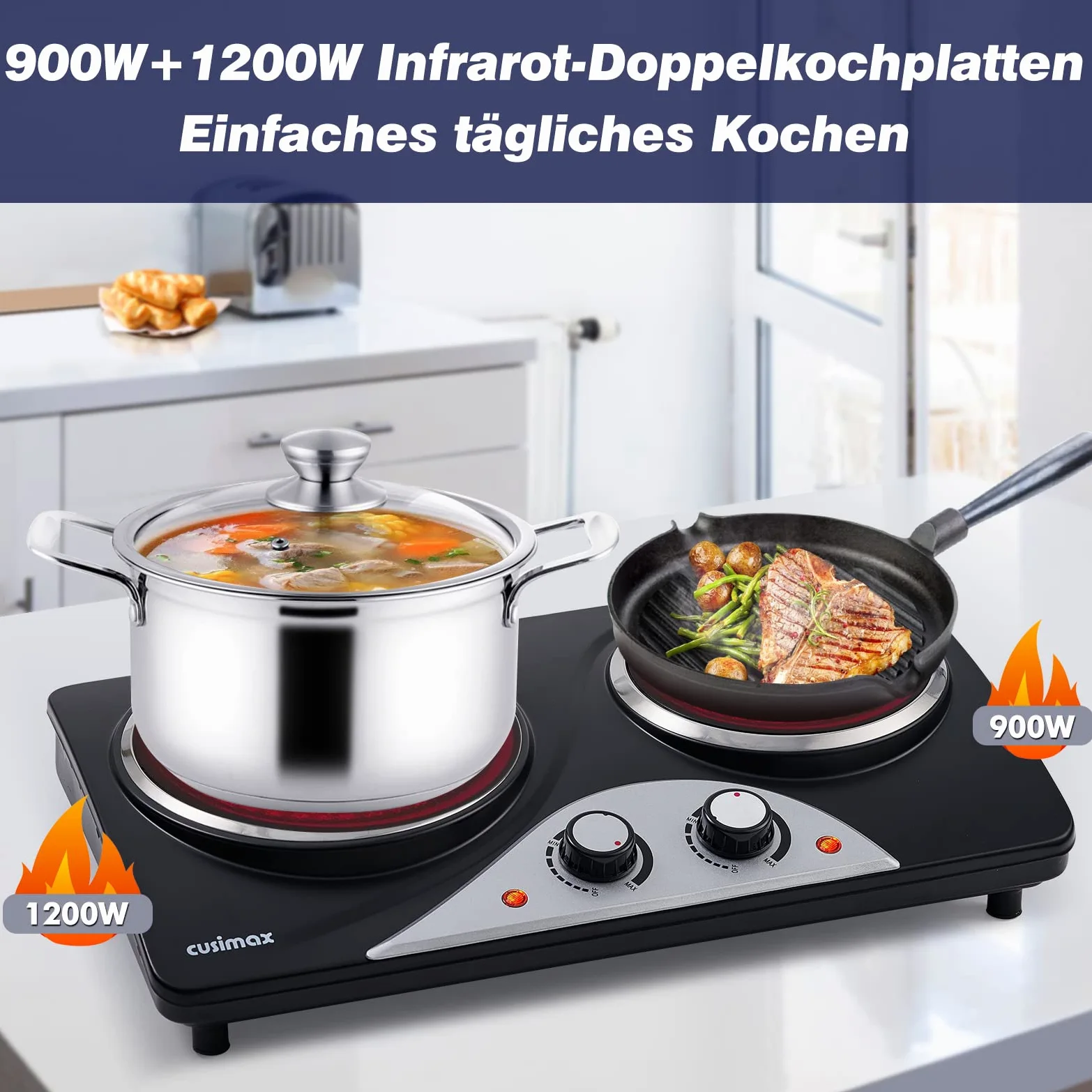 Plaque de cuisson électrique double CUSIMAX 2100W avec chaleur infrarouge, idéale pour la cuisine, le jardin et le camping, plaque de cuisson en acier inoxydable avec thermostat réglable