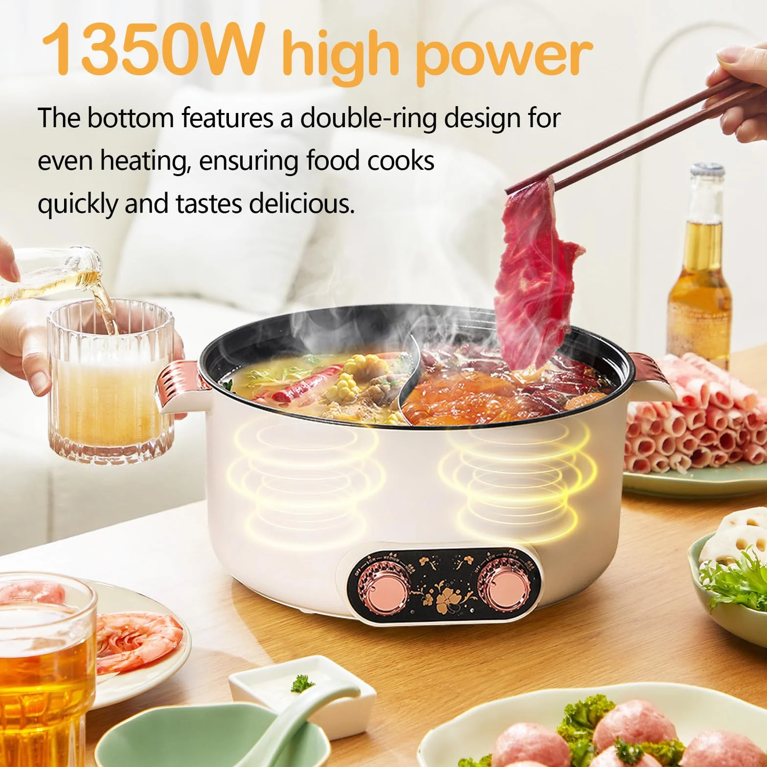 Appareil a Fondue, Fondue Chinoise 5 L à avec Compartiments Rechaud Electrique Pot 1 350 W avec 3 Réglages de Puissance pour Cuire des Fondues Préparer des Soupes Faire Bouillir des Nouilles