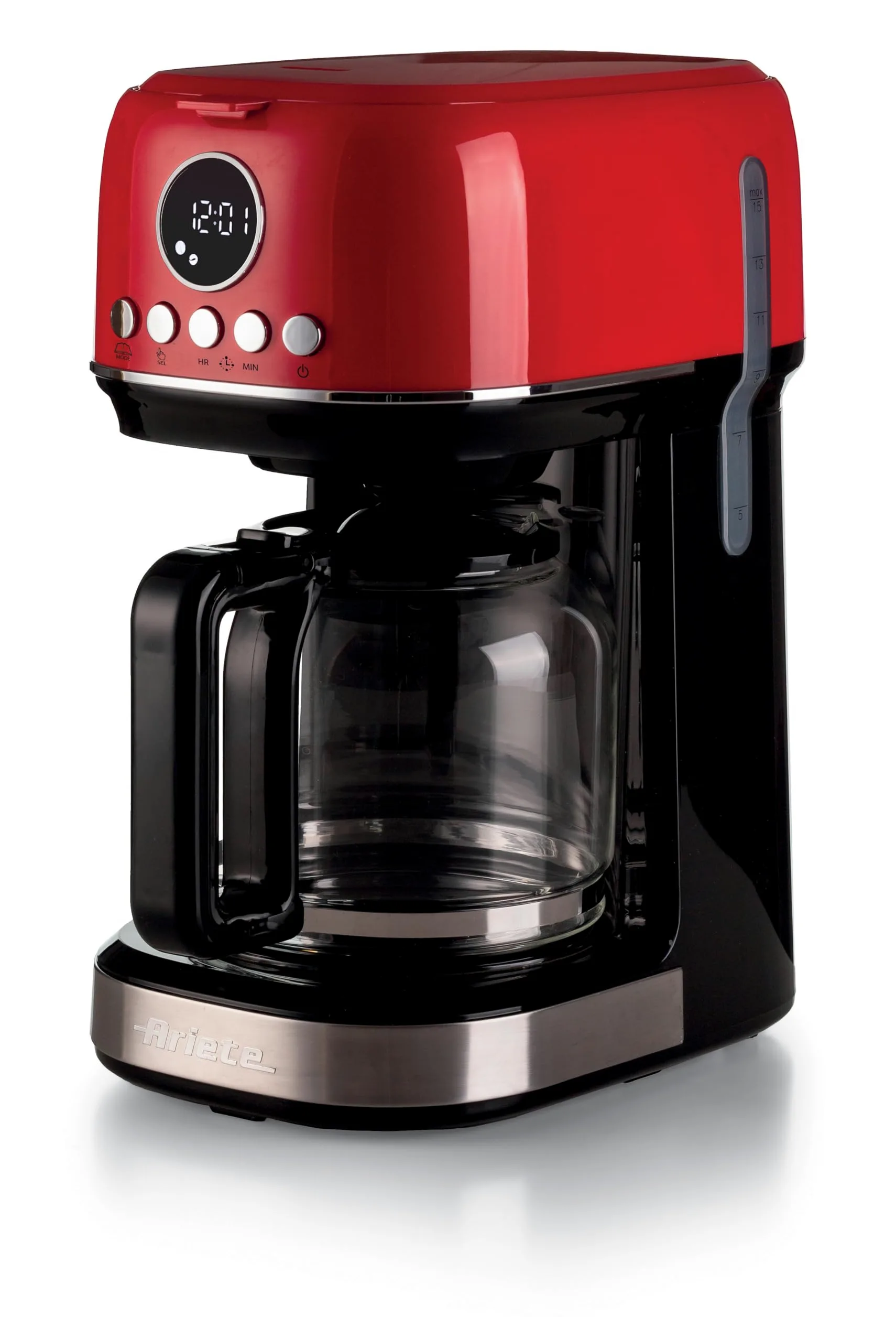 Ariete, Moderna 1396 Cafetière Filtre, Préparez Jusqu'à 15 Tasses de Café Américain, Carafe en Verre Trempé, Base Chauffante, Écran LCD, Filtres Amovibles et Lavables, Rouge