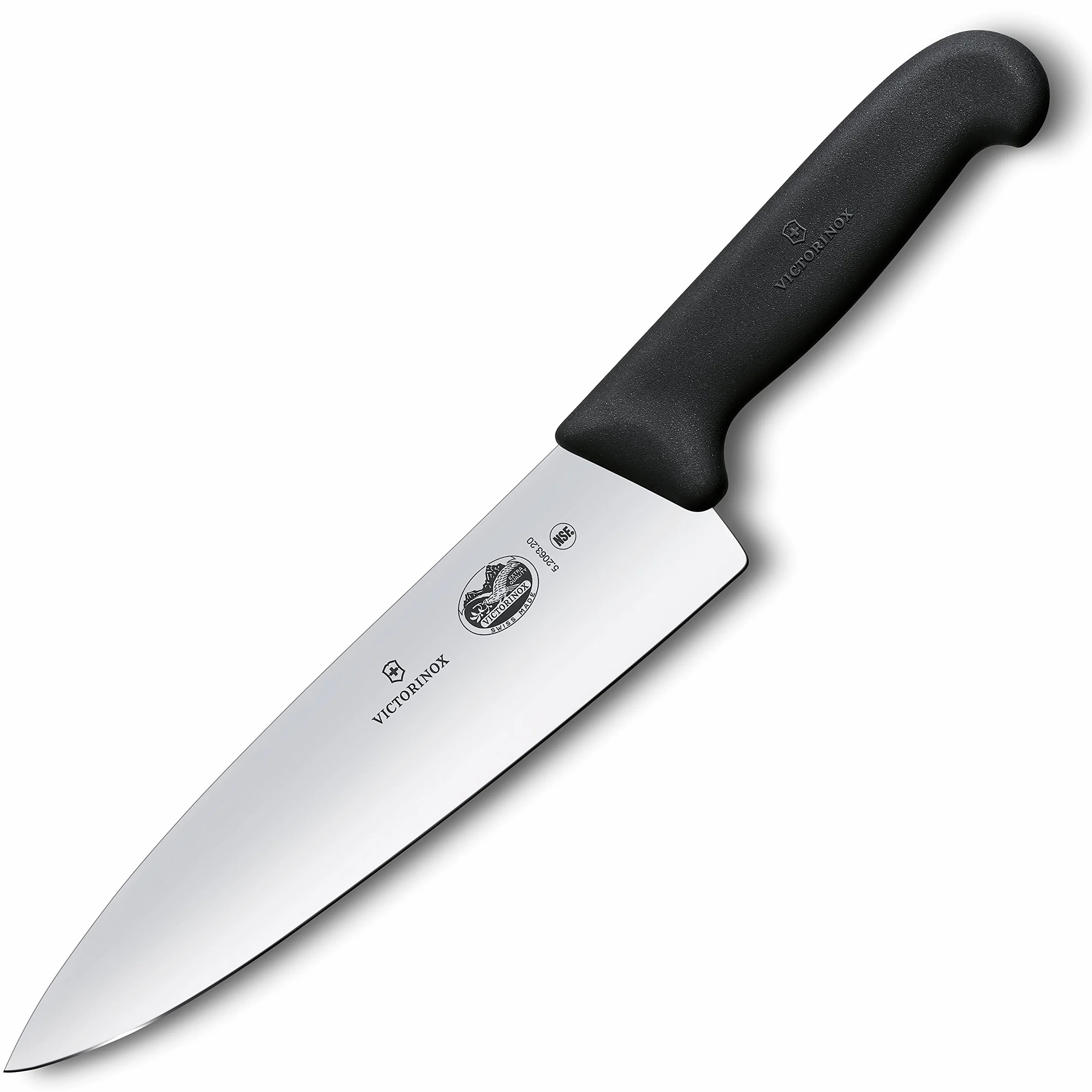Victorinox Fibrox Couteau de chef, Large couteau universel pour viande, poisson, légumes et herbes, 20 cm, Lame lisse, Tranchant, Inox, Noir