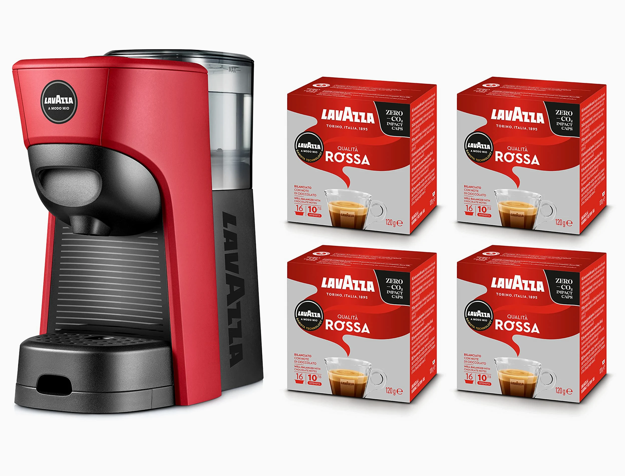 Lavazza, A Modo Mio Machine à café Tiny Eco Rouge avec 64 capsules de qualité rouge incluses, machine à expresso en plastique recyclé, 1450 W, 220-240 V, 50/60 Hz, 0,6 litre