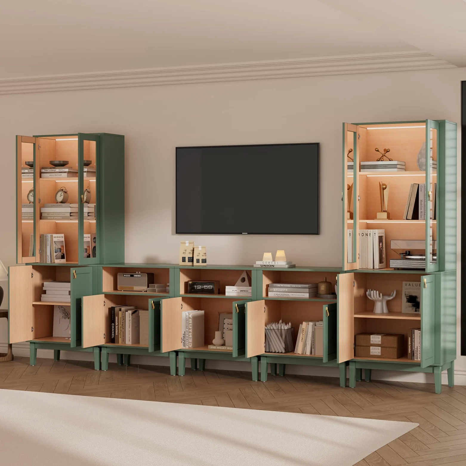 VOWNER Meuble TV Bibliotheque avec LED, 300 cm Grand Meuble Télé avec Portes en Verre pour TV jusqu'à 75 Pouces, Meuble TV Set, Buffet pour Salon, Cuisine, 300 x 180 x 40 cm (Vert, 5PCS)