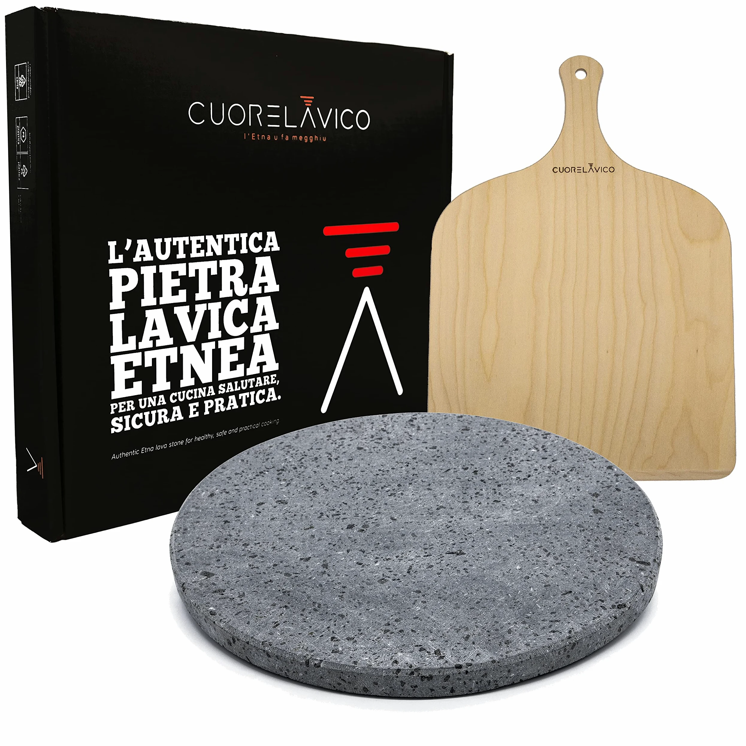 CUORE LAVICO – Kit plaque réfractaire en pierre de lave etnea ronde pour pizza diamètre 35 SP. 2 cm + pelle | four à gaz, électrique et barbecue pour pain et pince – Fabriqué en Italie