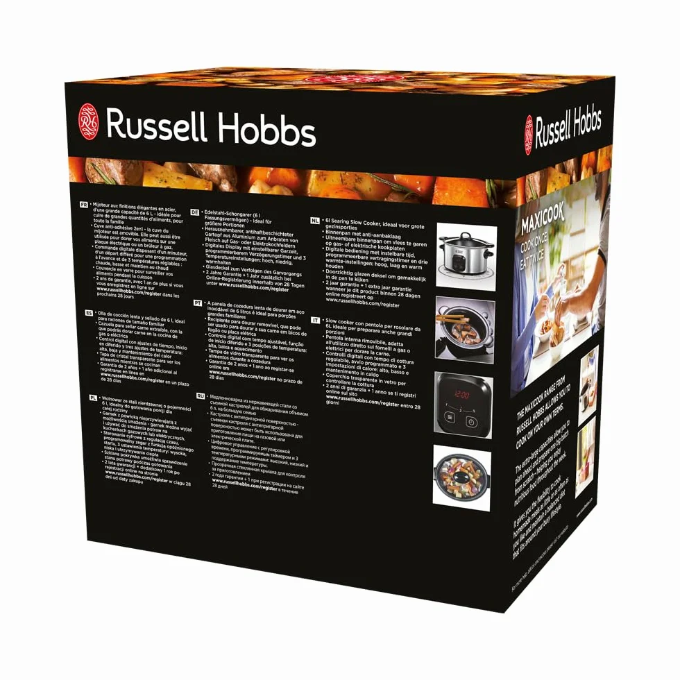 Russell Hobbs Mijoteur Electrique [Familial] Maxicook (6 L, Cuve 2 en 1 en ceramique amovible: cuisson sur plaque ou brûleur à gaz, Commande digitale, 3 réglages de cuisson, Base en inox) 22750-56