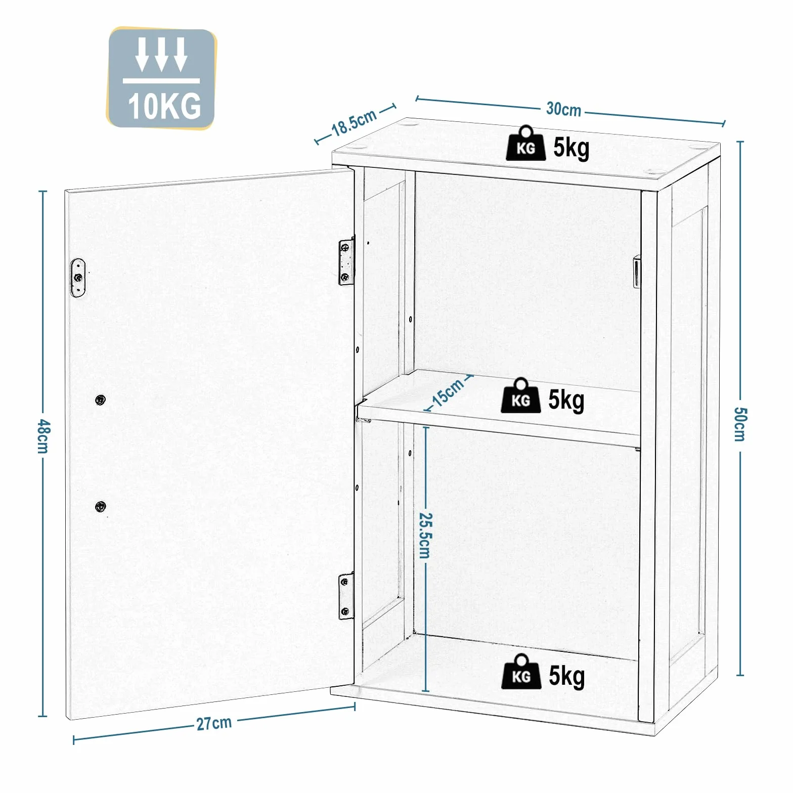 EUGAD Armoire Murale Salle de Bain, Armoire de Toilette, avec 1 Porte, Étagère Réglable, en MDF, Blanc, 30x18,5x50 cm