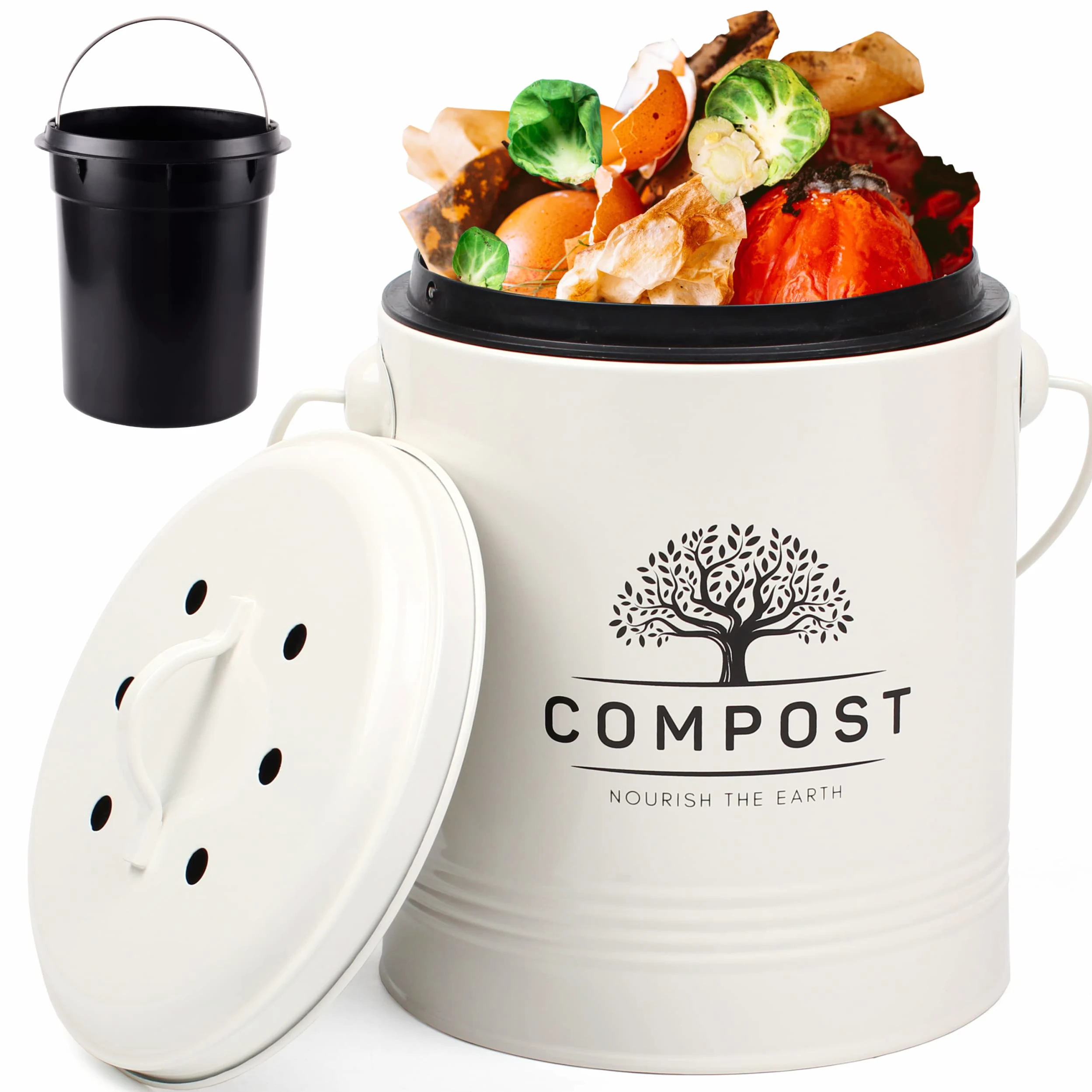 Perfnique Bac à Compost de Cuisine, bac à Compost de comptoir de 5 litres avec Couvercle, Seau à Compost intérieur avec Doublure intérieure et Filtre à Charbon, Petit bac à Compost