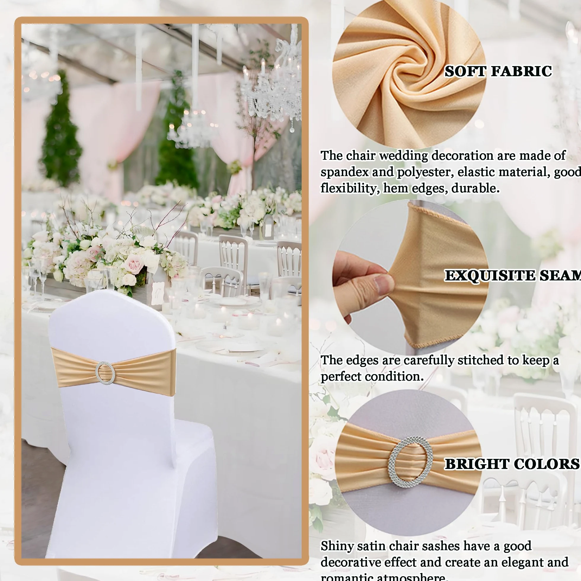Lot de 50 Écharpes De Chaise Élastiques avec Boucle Ronde - Housse de Chaise et Ceinture Extensible Décoration pour Mariage, Banquet, Fête, Réception, Fête d'anniversaire (Champagne Or)