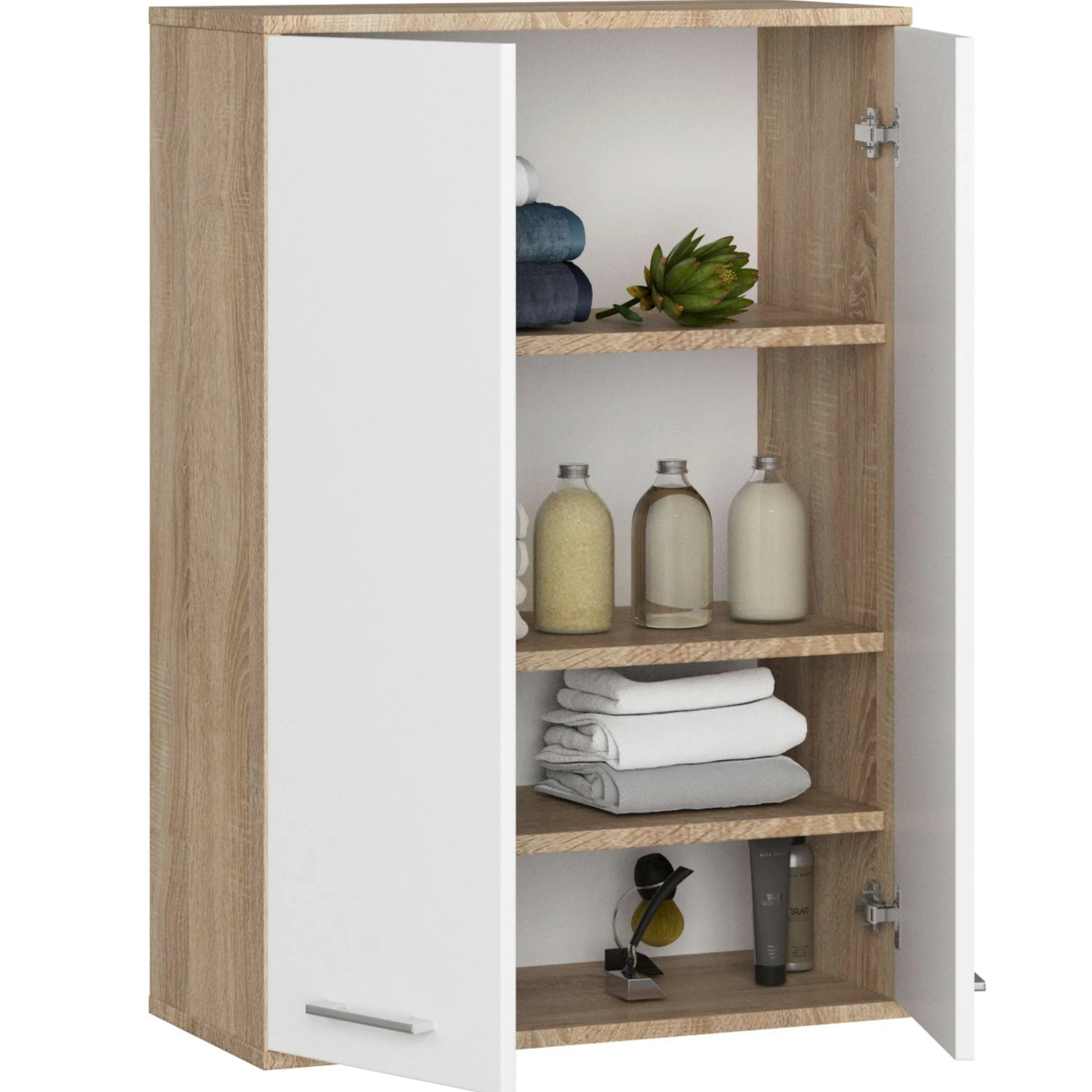 AKORD Meuble Salle de Bain Suspendu Fin 64 cm - 2 Portes, 4 Étagères - Armoire Murale 64x94x30 cm - Meuble Haut WC - Compact, Moderne - Idéal pour Petits Espaces - Chêne de Sonoma & Blanc