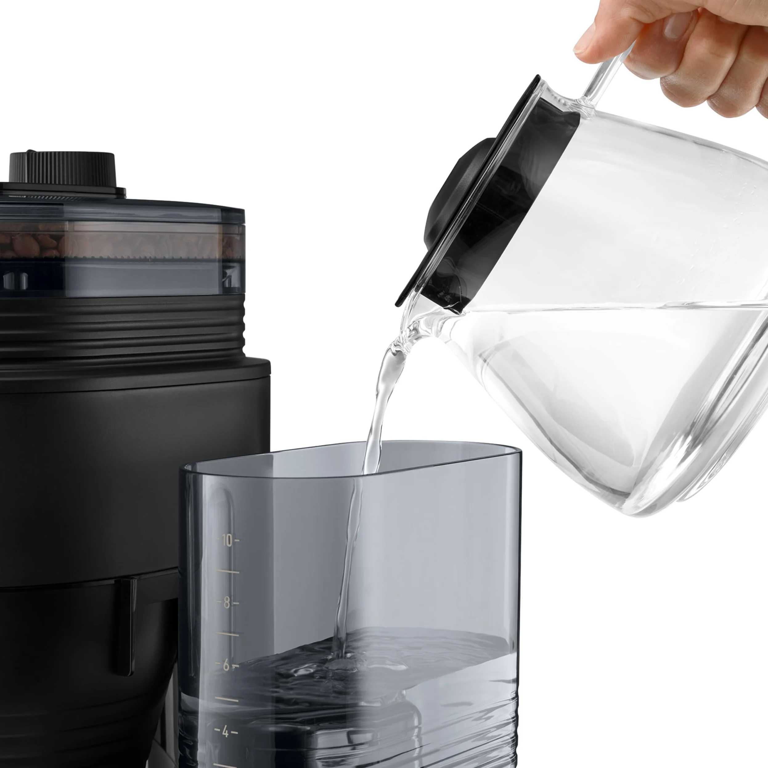 Melitta Cafetière à Filtre AromaFresh Glass Basic X Noire, avec Moulin à grains en Céramique Intégré, Fonction Minuteur, capacité 10 tasses, modèle 1030-06