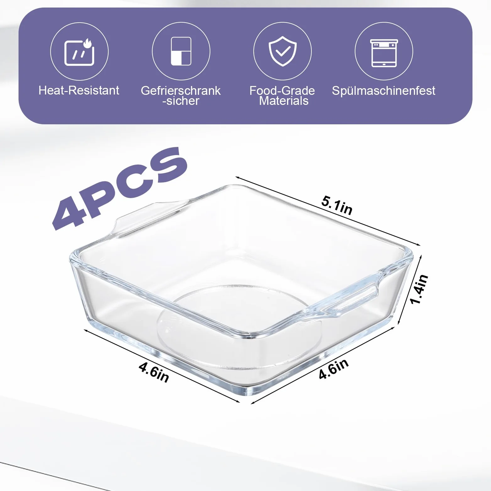 Lot de 4 mini plats à gratin en verre transparent avec poignée 0,5 l - Petit moule à cake en verre empilable - Moules carrés empilables pour four, micro-ondes, lasagnes, tiramisu