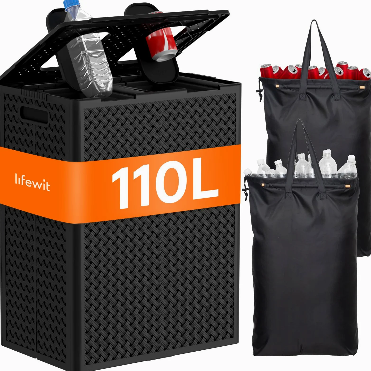 Lifewit Poubelle Recyclage 110 L, Collecteur de Bouteilles 2 Compartiments avec Couvercle et 2 Ouvertures, Poubelle Tri Selectif avec 2 Sacs Amovibles pour Plastique, Verre, Canettes, Noir