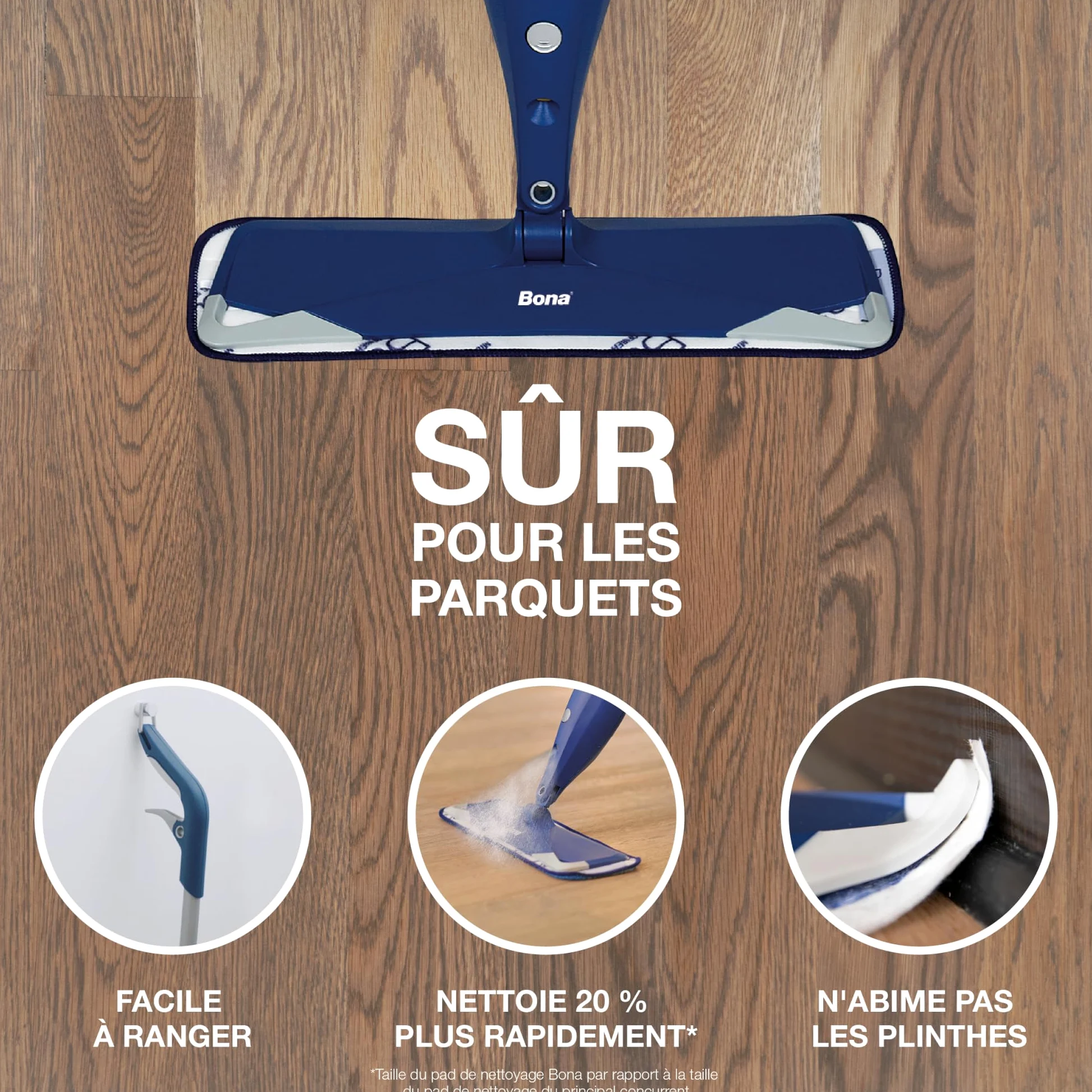Balai Spray avec Reservoir - Bona + 850 ML Nettoyant Parquets + 2 Pads en Microfibre - Balai Serpillère Vaporisateur - Kit Nettoyage Sol - Balai Serpillere Professionnel, Bleu