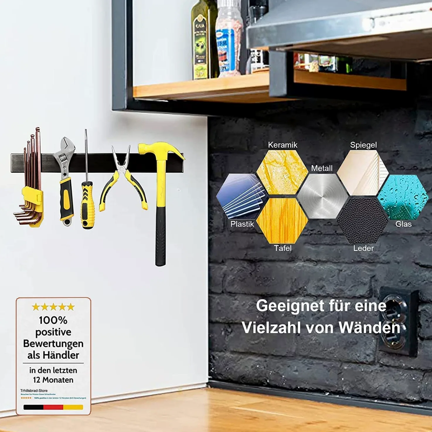 [Amélioré 50 cm] Barre magnétique Trhillsbrad pour couteau, 50 cm, porte-couteaux magnétique avec 3 crochets en acier inoxydable, barre à couteaux autocollante, noire, support mural sans perçage