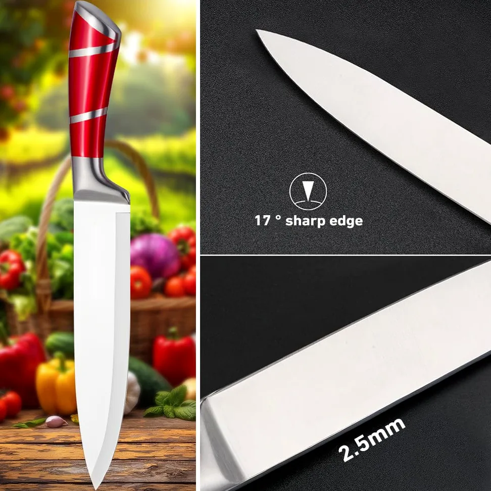 KEPEAK Set de Couteaux de Cuisine 9 Pièces avec Bloc Acrylique Rotatif – Couteaux de Chef Tranchants en Acier Inoxydable avec Fusil à Aiguiser – Pour Couper, Hacher, Émincer – Rouge