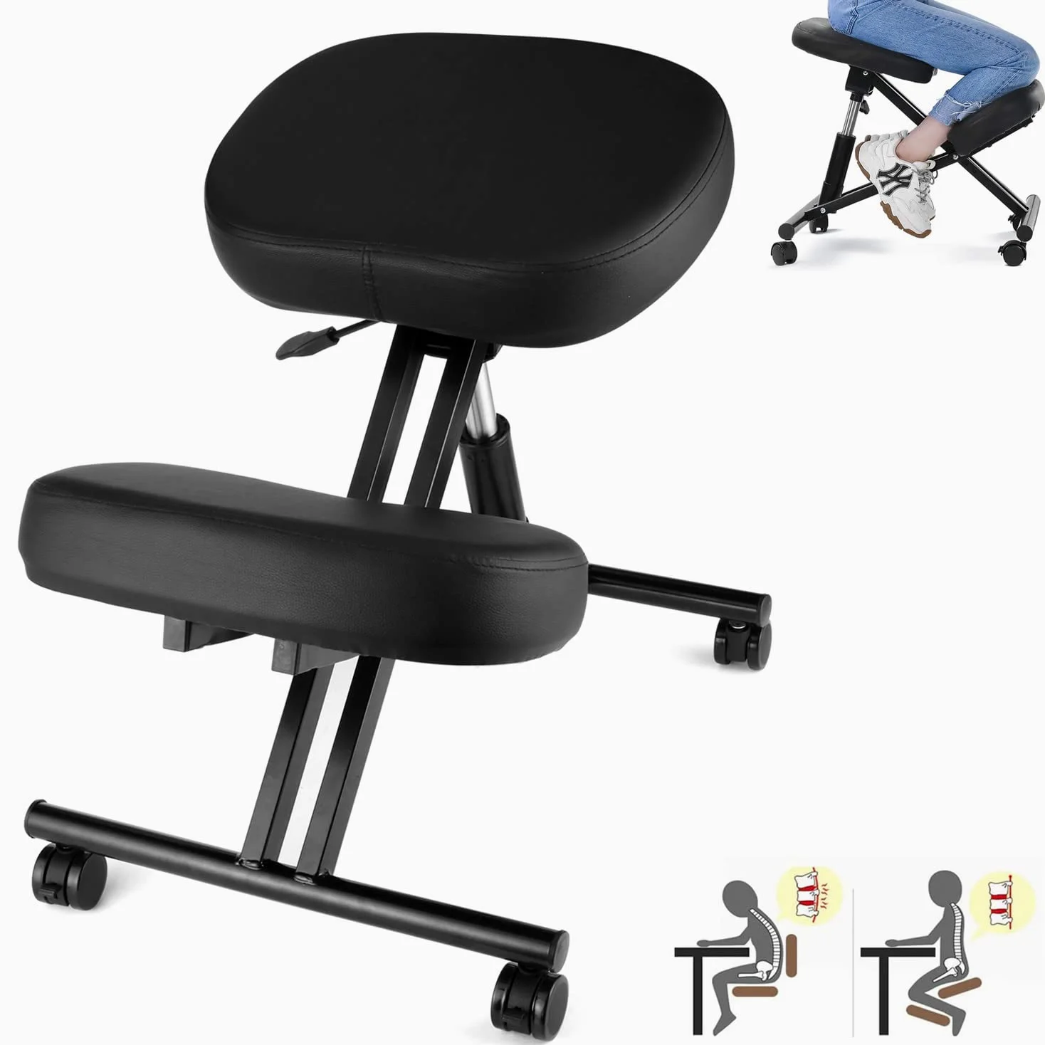 COOCHEER Chaise à Genoux de Bureau Ergonomique, Tabouret Genoux pour la Maison et Le Bureau, Chaise pour Ordinateur avec roulettes, Réglable Hauteur, Structure de Métal, Faux Cuir, Rembourrée