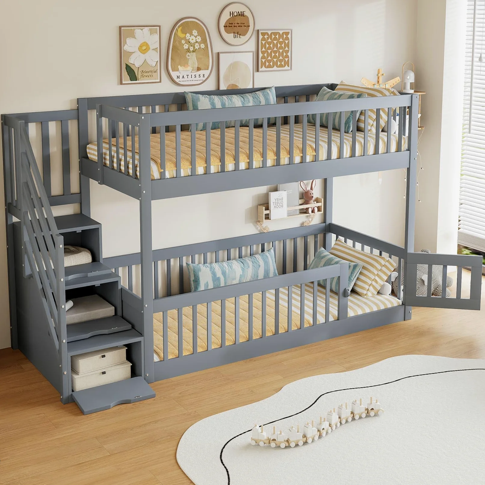PUGSDRLY Lit Superposé Enfant 90x200cm en Bois avec échelle Rangement,Lit Mezzanine 2 Places avec Sommier à Lattes,Barrière de Sécurité Haute,pour Enfant et Adolescent,sans Matelas (Gris-90)