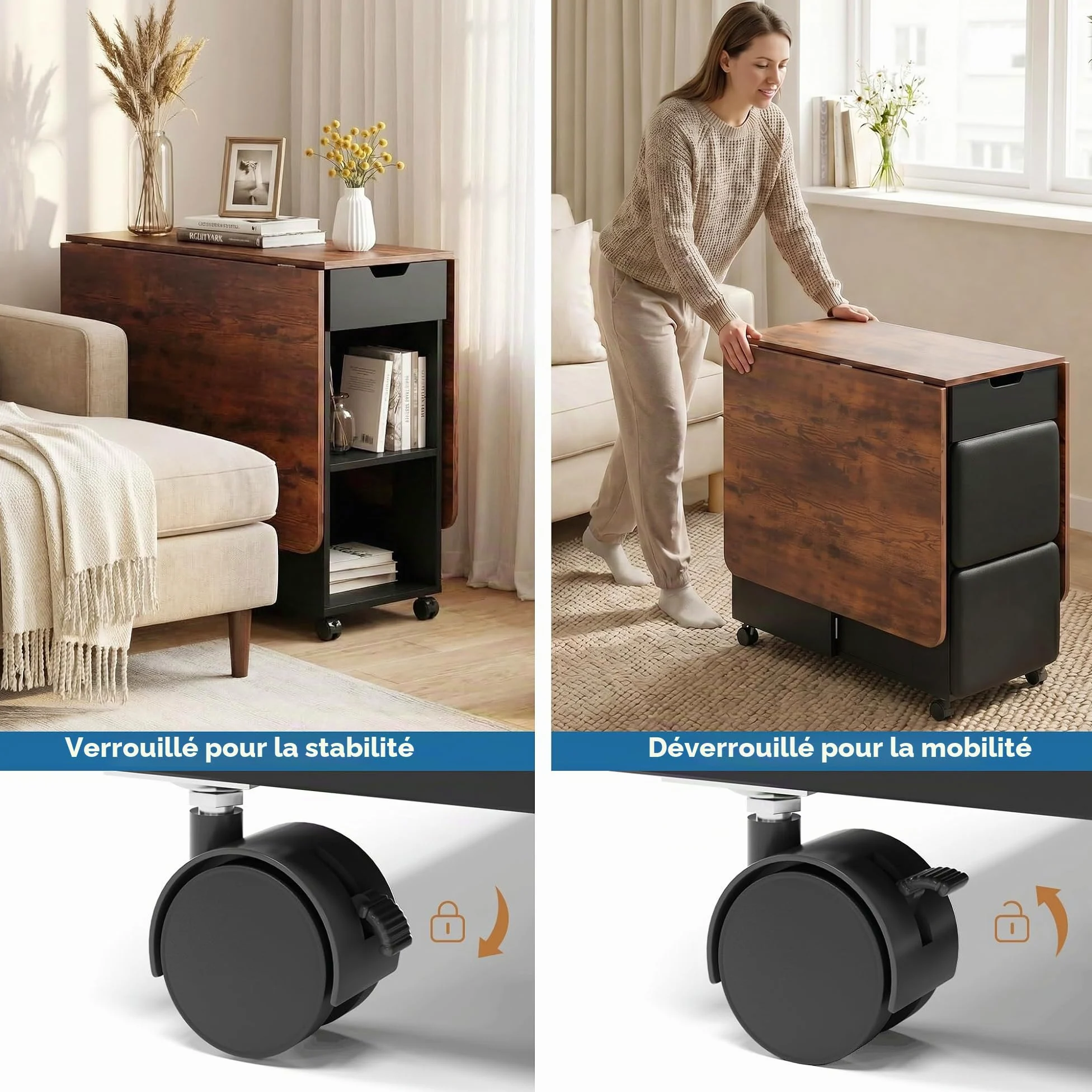 Mondeer Ensemble Table à Manger Pliable 140 cm avec 4 Chaises Rembourrés, Ensemble Table avec 2 Tiroirs et 2 Etagères de Rangement, pour Petits Espaces Cuisine Salle à Manger (Marron et Noir)