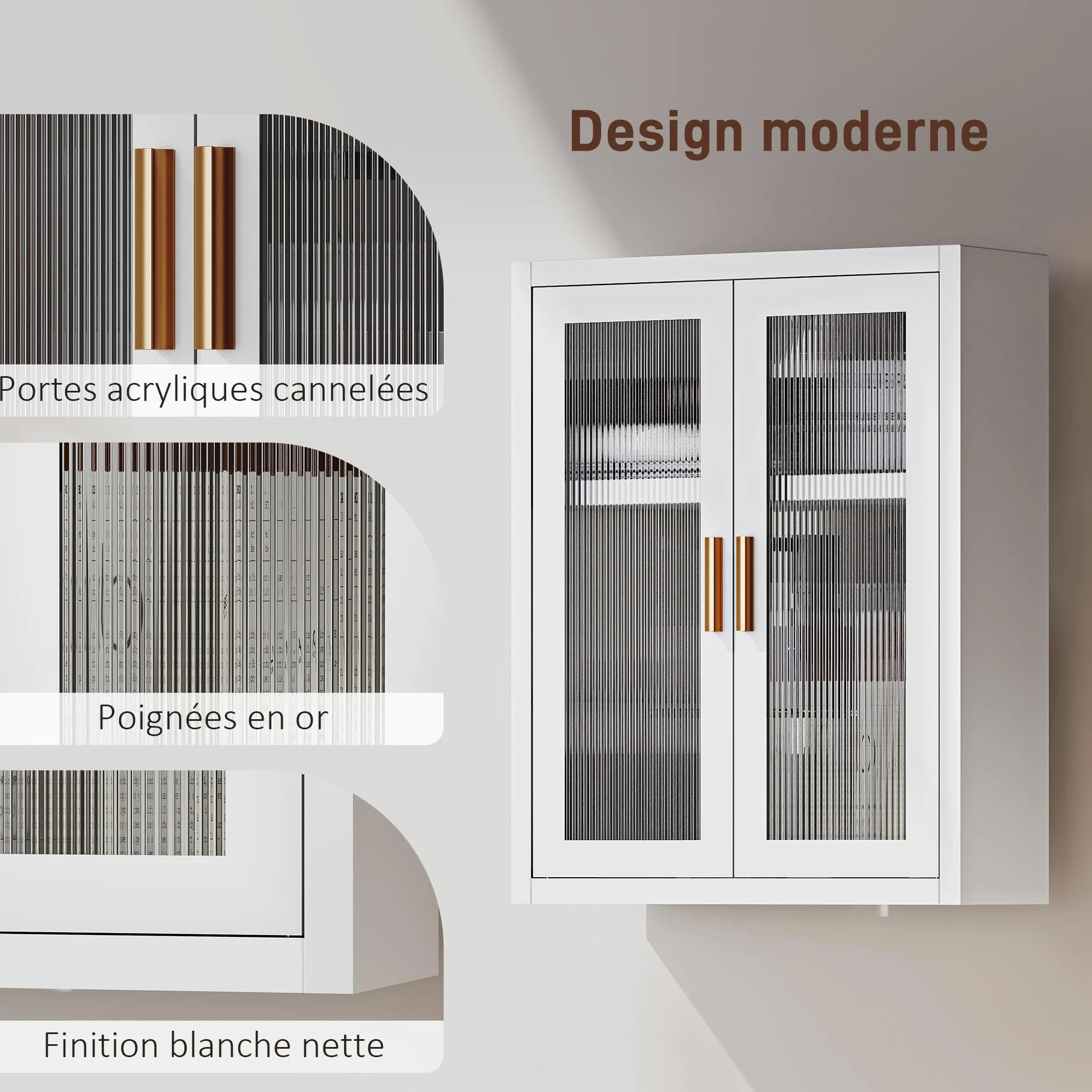 HOMCOM Armoire Murale de Salle de Bain métale, 40 x 14 x 50 cm, Meuble de Rangement Suspendu avec 2 Portes cannelées en Acrylique et étagère réglable, Métal, Blanc