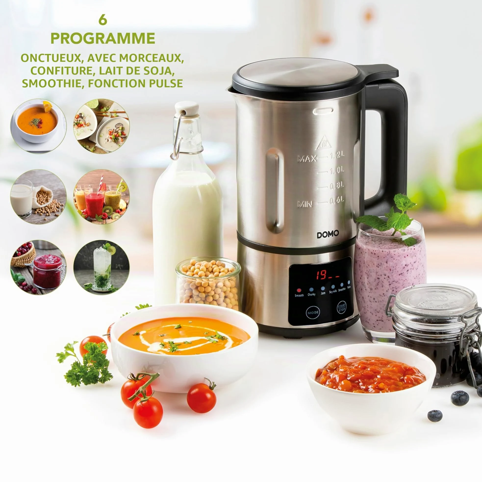 DOMO DO727BL - Blender Mixeur - 1.2L - Soupe Maker avec 6 Programmes - Smooth, chunky, Confiture, Smoothie, lait végétal, Nettoyage/Pulse - Argenté