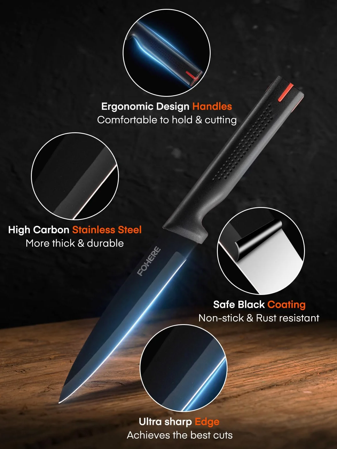 Couteaux de Cuisine avec Bloc, FOHERE 13 Pièces Couteaux de Table en Acier Inoxydable avec Affûteur Intégré, Bloc de Couteaux Professionnel avec Support,Granit Noir
