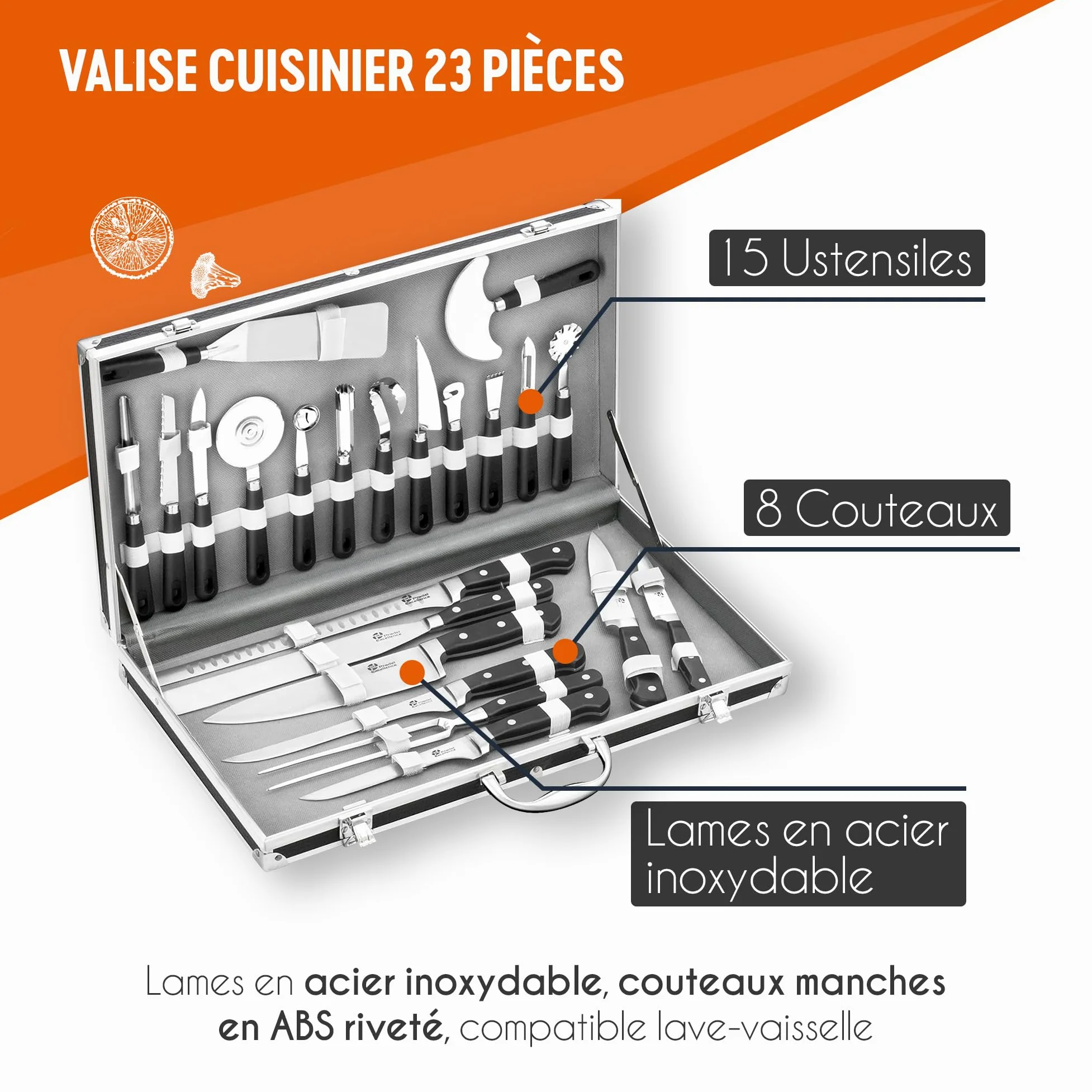 Pradel Excellence - 31123 - Mallette Couteaux de Cuisinier 23 Pièces - Lames Inox - Manches Polypropylène et ABS - Compatibles Lave-Vaisselle - Mallette Rangement - Style Unique - 50 x 28 cm