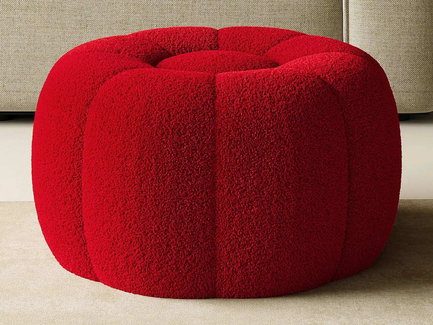 Vente-unique - Pouf Design Fleur en Tissu Bouclette Rouge DELPODA