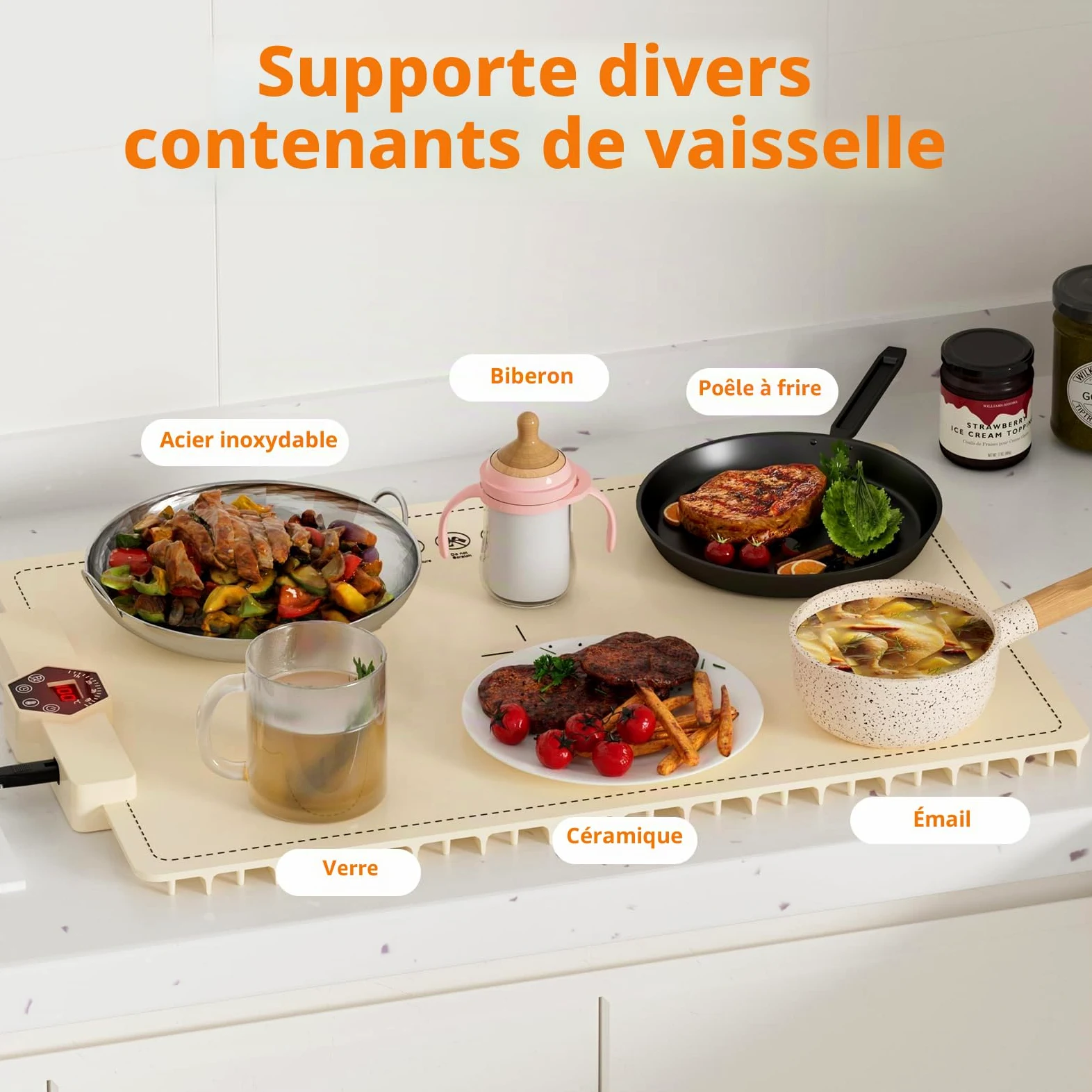 INNOWARMER Chauffe Plat Électrique, Plaque Chauffante Électrique Silicone Pliable Flexible, Plaque Chauffante avec 5 Température Réglable et Minuteur, Chauffe Plat pour Buffet Fête Familiale (Blanc)