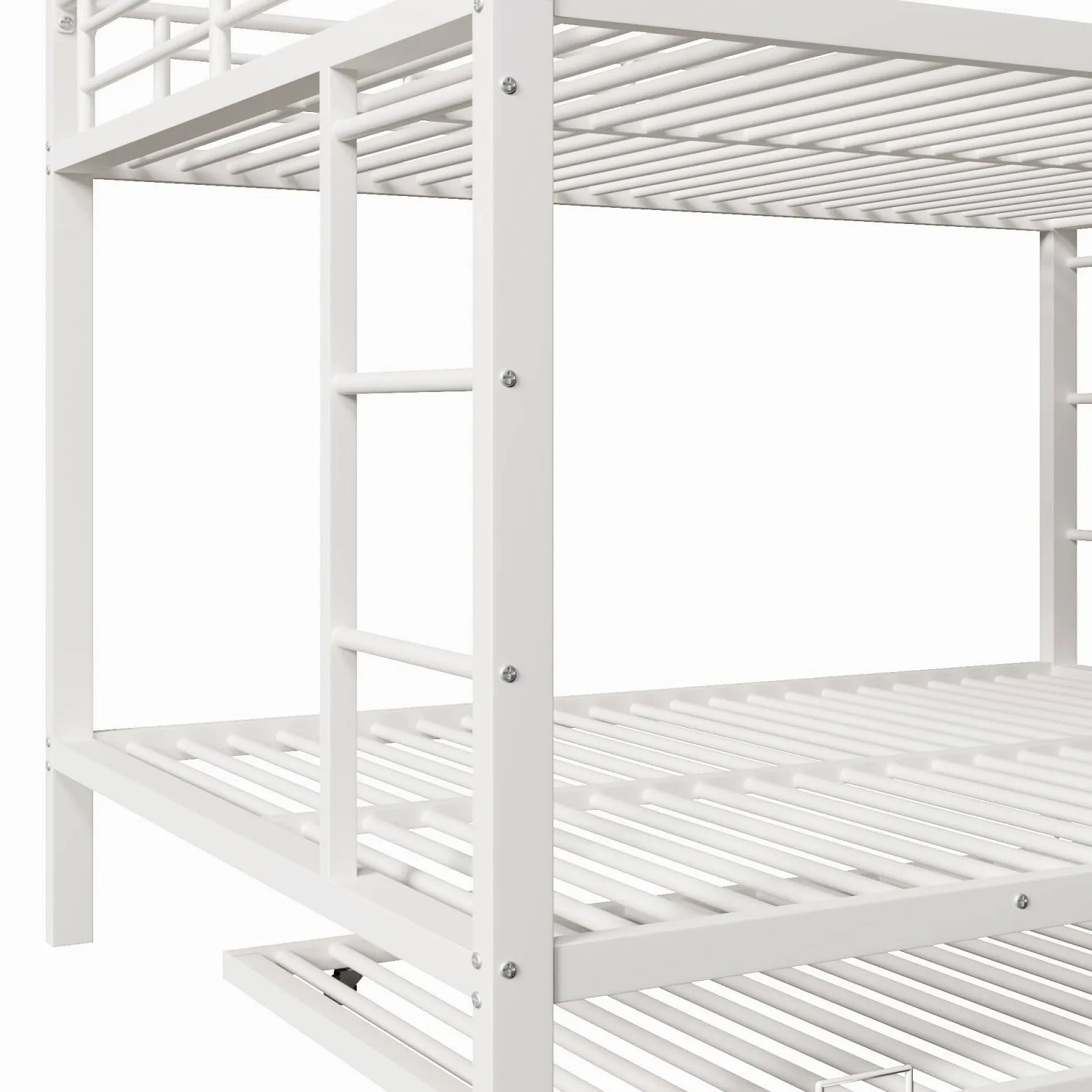 PUGSDRLY Lit Superposé 3 Places avec Lit Gigogne, Structure en Métal Robuste, lit Mezzanine 2 Places avec Haute Barrière de Sécurité, pour Étudiant, Adulte (Blanc+Métal, 140 * 200cm)