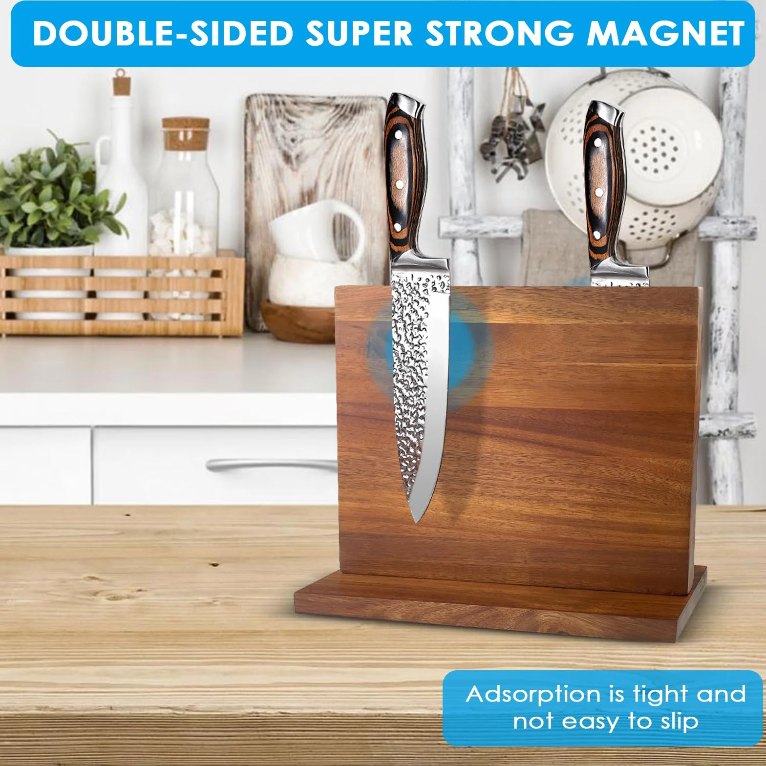 Porte Couteaux Aimanté, Porte Couteaux Cuisine, Bloc Couteaux Magnétique Bois d'Acacia, Aimanté Double Face Porte, Range Couteau de Cuisine avec Aimant Puissant, Antidérapant et Encombrant