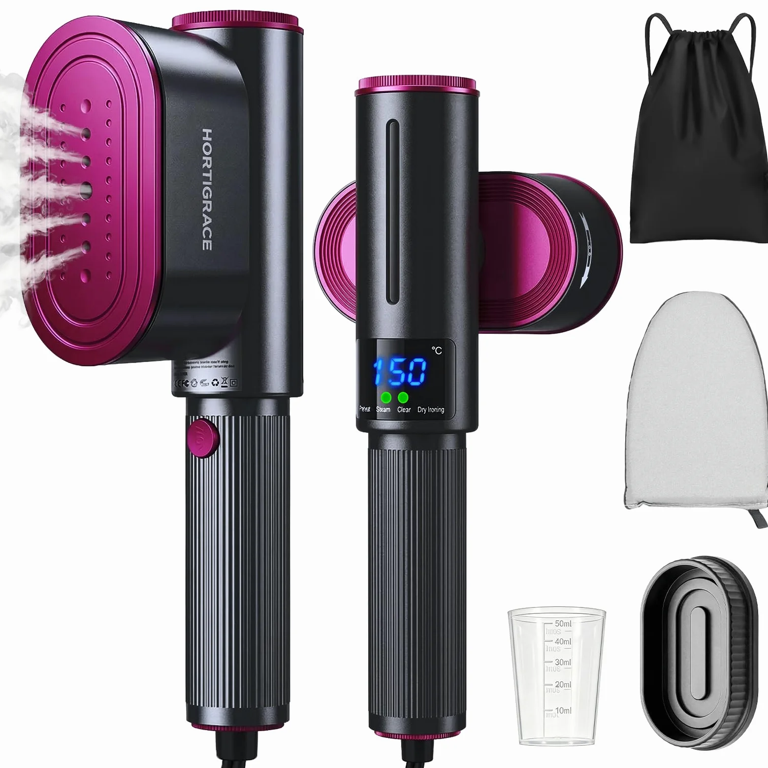 Défroisseur Vapeur de Voyage, 1200W, 24g/min de Vapeur Fer à Repasser Vertical, Grand Réservoir d'eau de 150 ml, 2 en 1 Steamer Chauffage Rapide en 15s pour Voyage