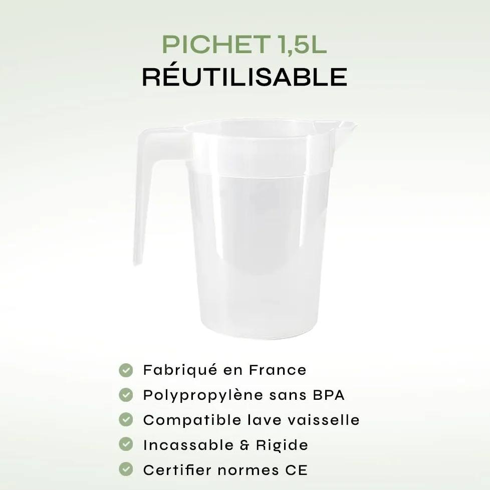 SPARKLERS CLUB Lot de 20 Pichets Réutilisables 1,5L en PP Alimentaire - Haute Résistance, Empilables, Compatibles Lave-Vaisselle (150 Lavages) - Parfait pour Événements et Collectivités