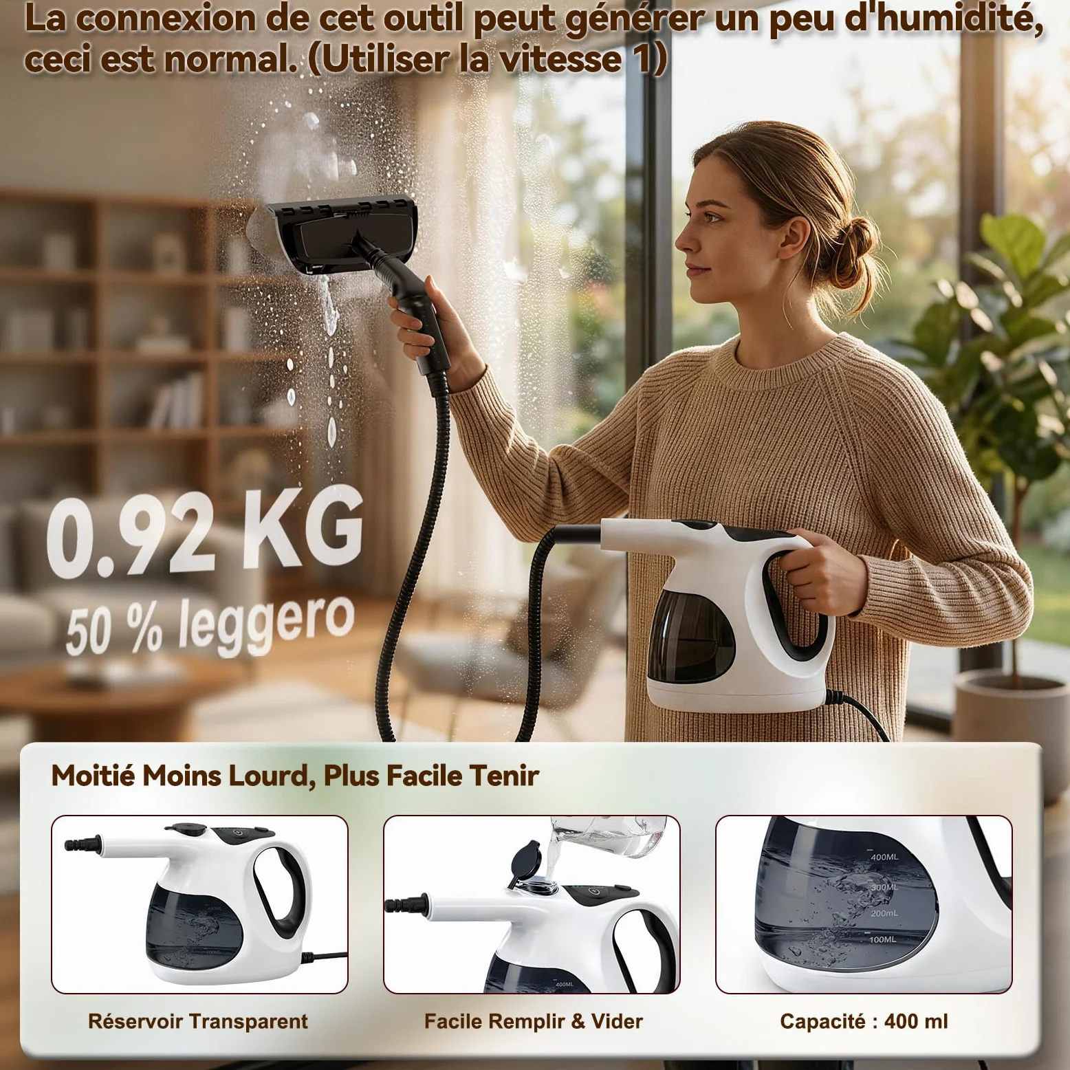 Nettoyeur Vapeur à Main 5S Chauffe Rapide, Steam Cleaner Poids Optimisé (Seulement 0.92 kg), 400ML Réservoir Transparent (Remplissage Facile),avec 10 Accessoires