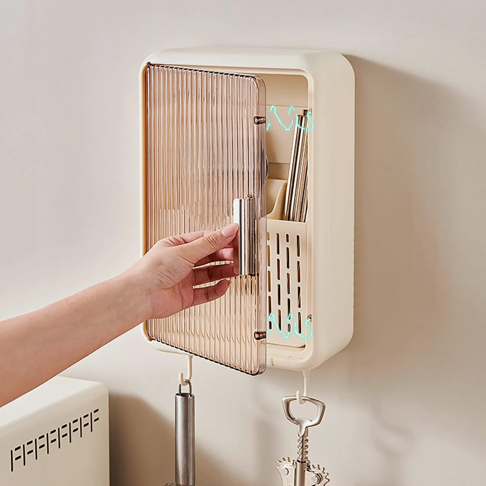 TOPINCN Organiseur mural pour baguettes drainant et anti-poussière avec couvercle, convient pour louches, fourchettes et plus (couleur crème)
