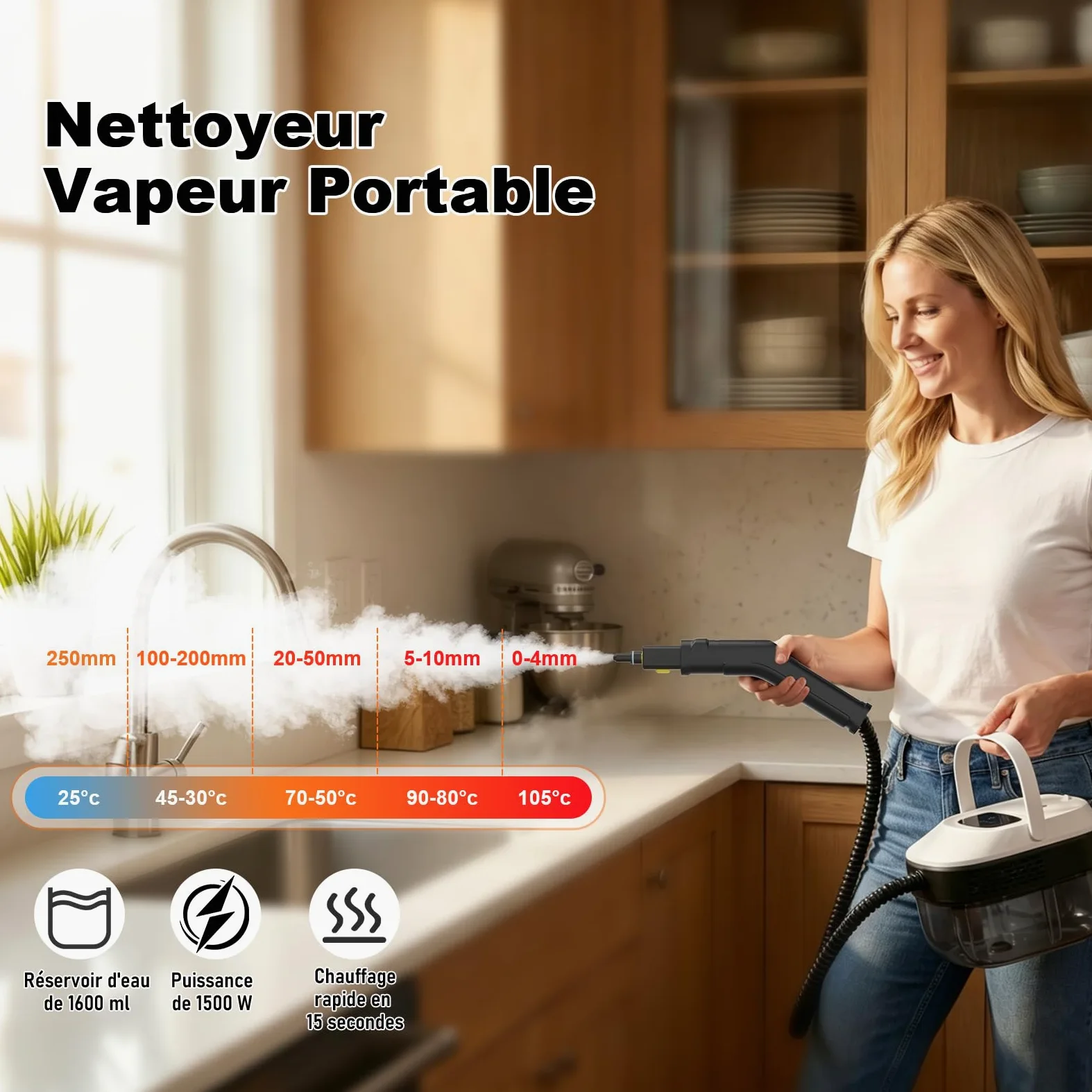 Nettoyeur Vapeur avec Balai, Poignée Réglable à 3 Positions, Chariot de Transport, Réservoir d'eau de 1,6 L, Temps de Chauffe de 15 Secondes, 17 Accessoires, pour Sols, Cuisines, Fenêtres