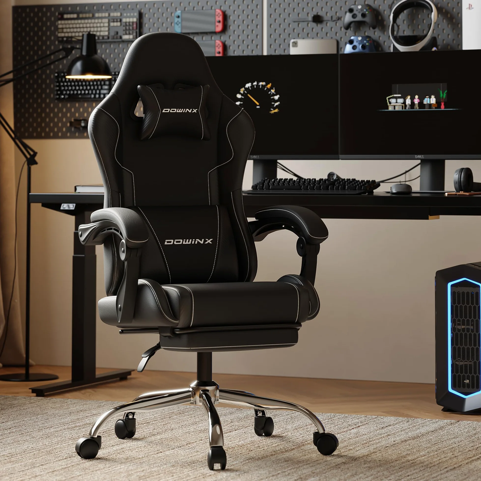 Dowinx - Chaise gaming - Ergonomique - Chaise de bureau pour gamer avec appuie-tête réglable, accoudoirs, et repose-pieds - Inclinaison du dossier réglable jusqu'à 150° - Charge maximale de 180 kg