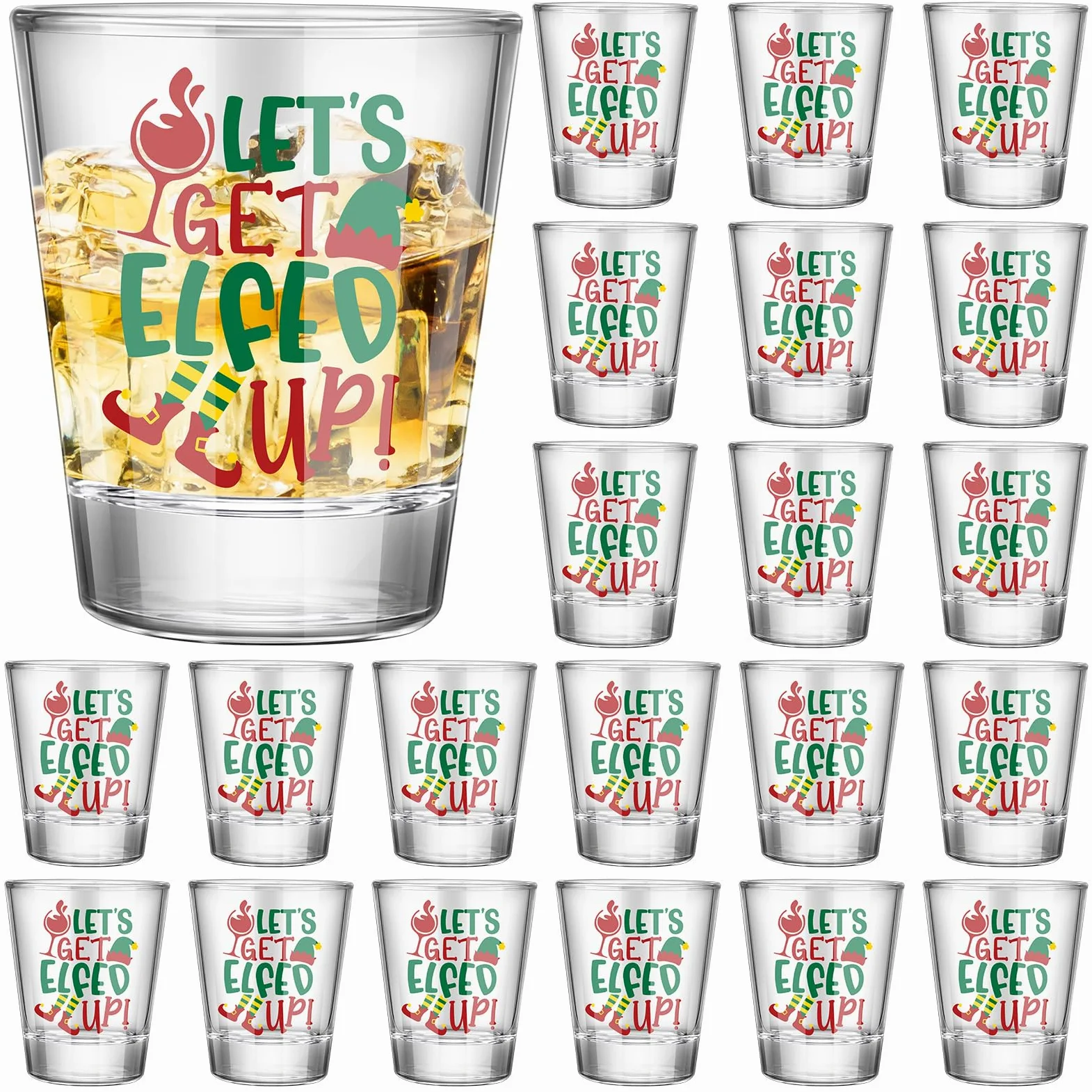 Tioncy Lot de 24 verres à shot transparents de Noël de 56,7 g avec impression « Happy Holiday » - Verres à cocktail amusants et cool pour décoration de table de Noël - Cadeau amusant