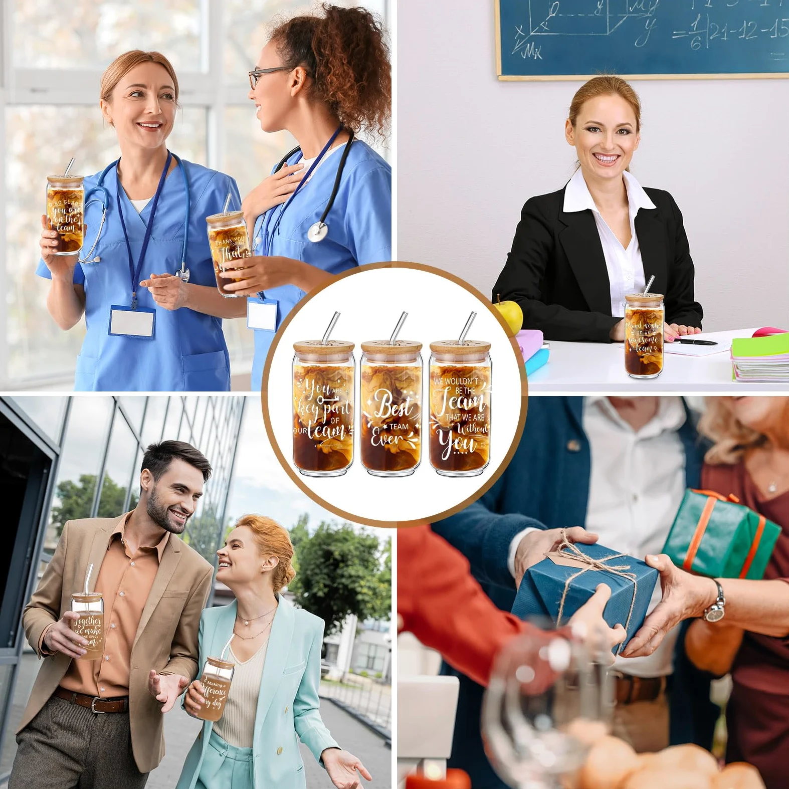 Tioncy Lot de 8 verres à bière en forme de canette de 473,6 g avec couvercles en bambou, pailles, brosses, verres à boire pour femmes, hommes, collègues, membres