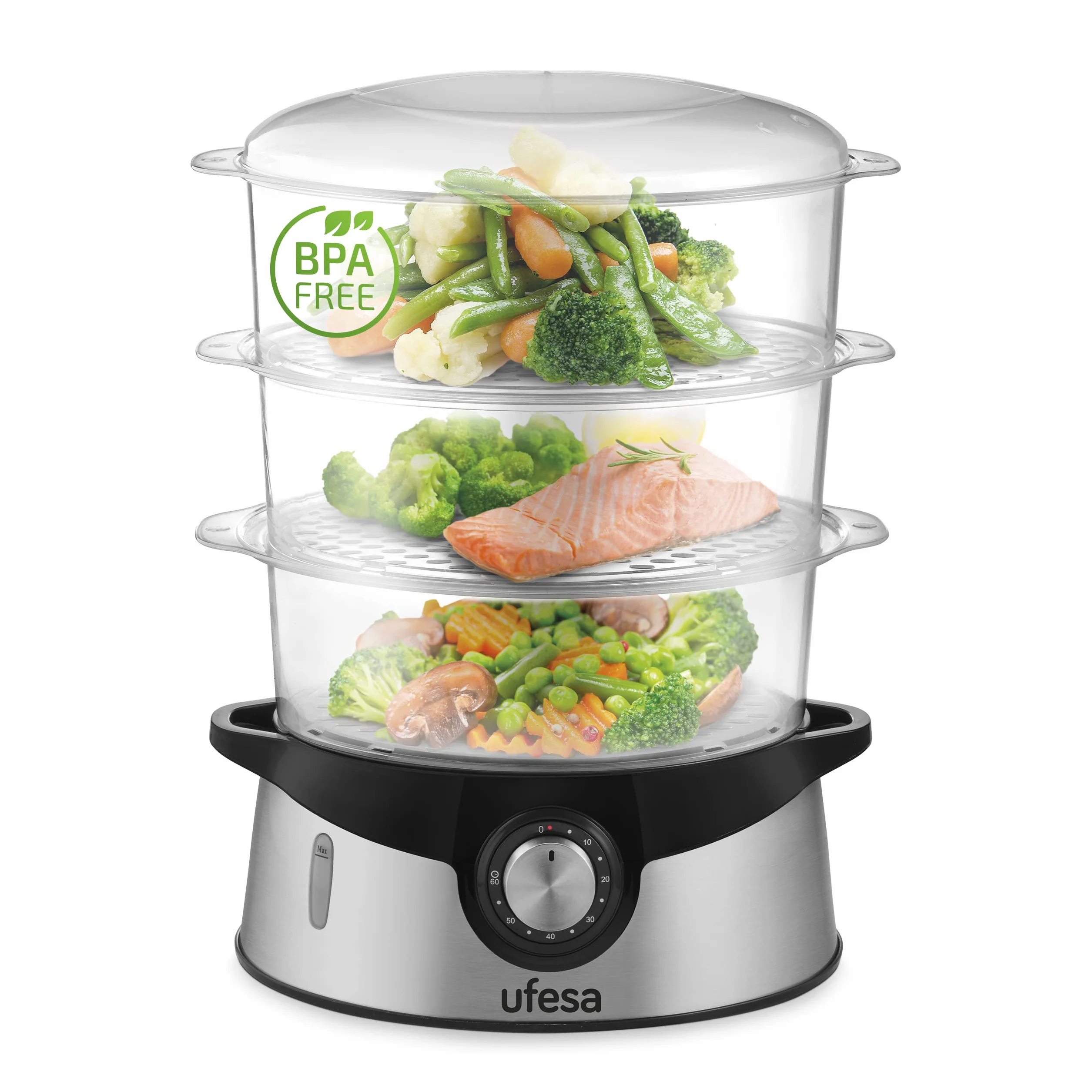 Ufesa CV4000 Cuiseur Vapeur 800W, 3 Plateaux Empilables, Capacité 9L, Minuterie de 60min, Inclus Bol de Riz de 1L, Sans BPA, Inox