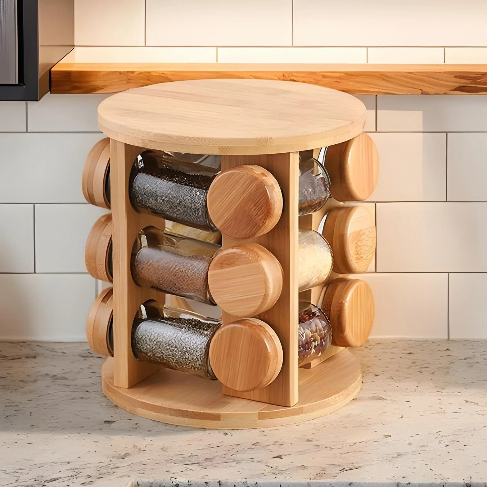 Étagère à assaisonnement rotative | Étagère de rangement en bois | pour salière et poivrière pour armoire, garde-manger, cuisine, comptoir, salle à manger, appartement, amateurs de cuisine à l