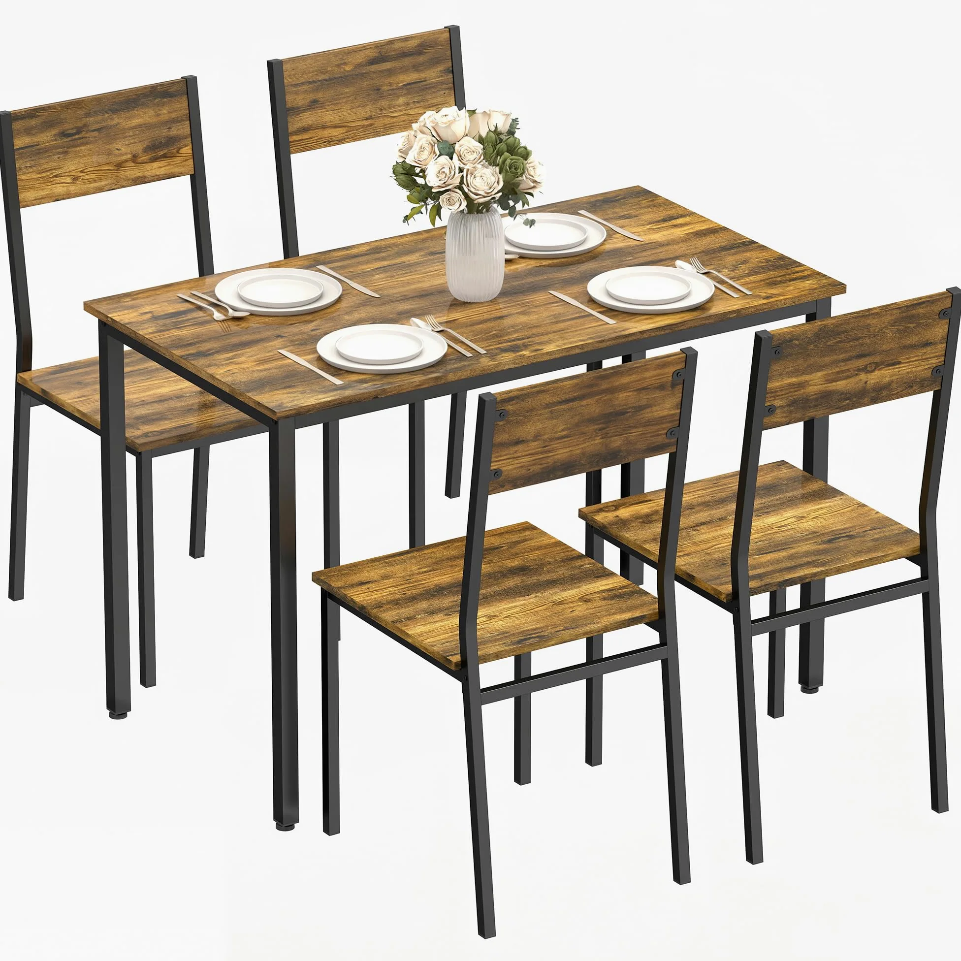 HOMCOM Ensemble Table Salle à Manger avec 4 chaises, Table de Cuisine pour 4 Personnes, Plateau rectangulaire 108 cm, Style Industriel, Pieds en métal, idéal Petit Espace, Brun Rustique