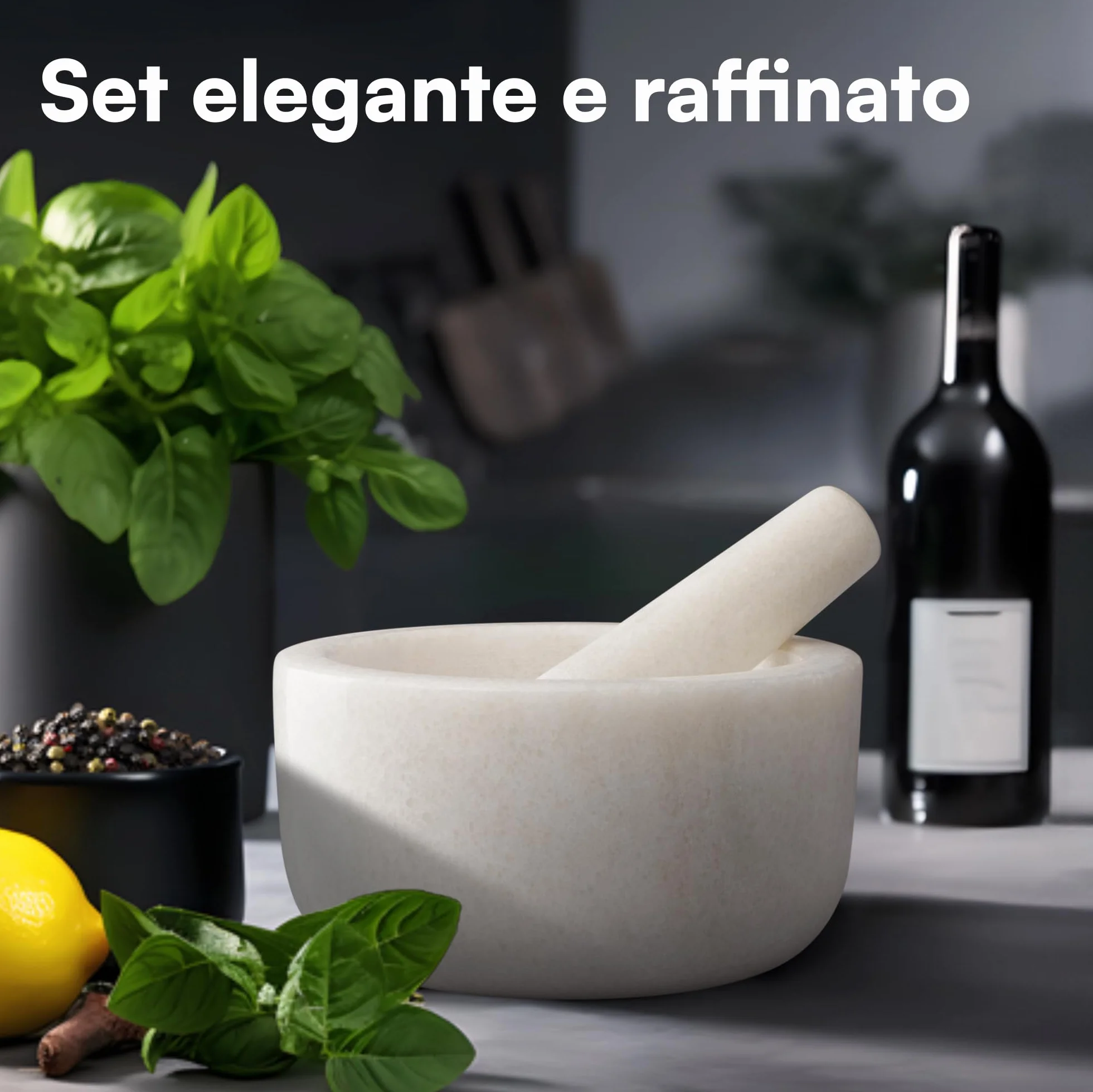 H&S Mortier Pilon Cuisine - Accessoire Cuisine en Marbre de 18 cm de Diamètre pour Broyage des Épices Guacamole Pesto Noix Mojito - Mortier et Pilon Concasseur a Grain Blanc