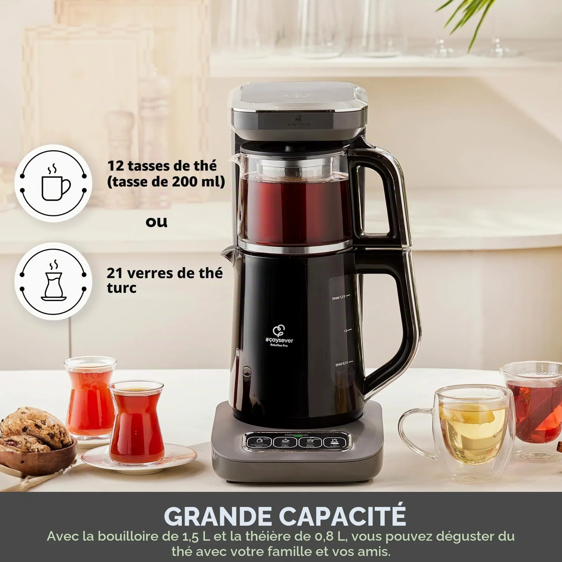 Karaca Caysever Robotea Pro 4-en-1 Theiere Electrique Automatique, Machine à Café Filtré, Bouilloire à Thé, Theiere avec Infuseur, 2500W, Gris Espace