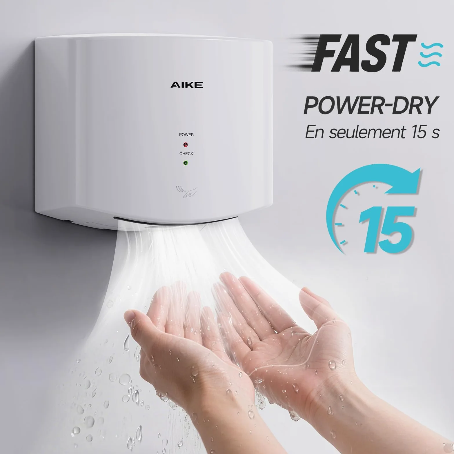 AIKE Air Wiper Sèche-Mains Compact, Séchage Rapide, 1400W 220V, Branchez & Utilisez, sans Papier & sans Contact pour Sanitaires Publics, AK2630S (Blanc)