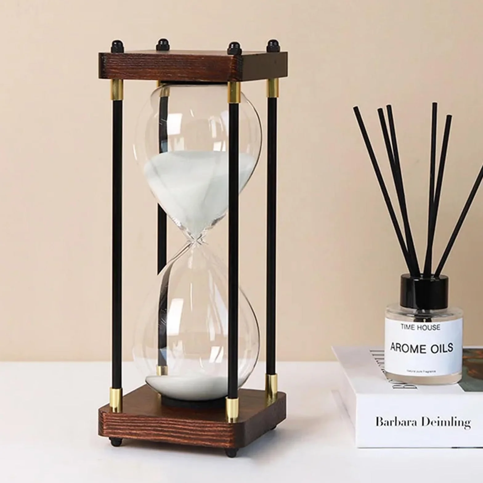 Grand sablier 60 minutes, sablier en bois, décoration en verre arc-en-ciel, cadeau pour la maison, le bureau, la décoration de mariage (blanc)